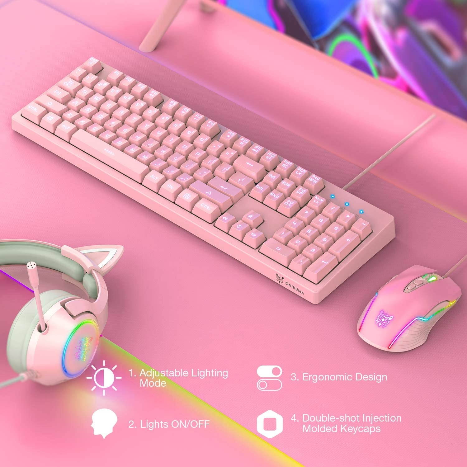 ONIKUMA Pink Wired Gaming Keyboard and Mouse Combo, 3-Color LED Backlit Gaming Keyboard & RGB Mouse with 6 Adjustable DPI for PC/Laptop/Win7/Win8/Win10