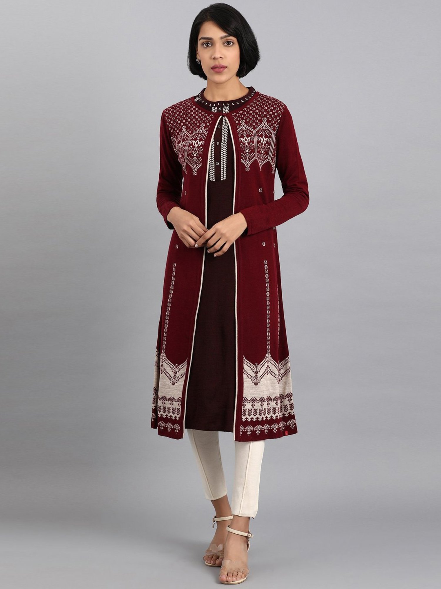 W Maroon Self Pattern Shrug