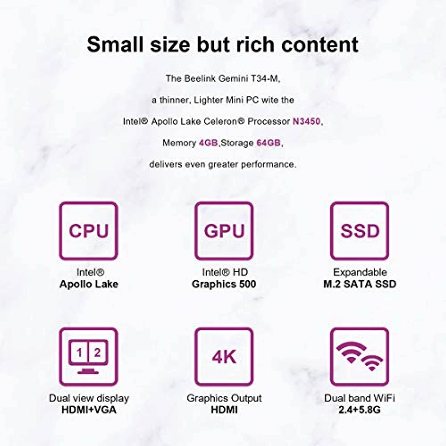 Beelink T34-M Mini PC Windows 10 Pro Quad Core Intel N3450(up to 2.2GHz) Mini Desktop Computer 4K HDMI and VGA DDR4 6GB RAM 128GB SSD, 2.4G/5G WiFi, Gigabit Ethernet, USB 3.0, BT4.0 Support Auto Power