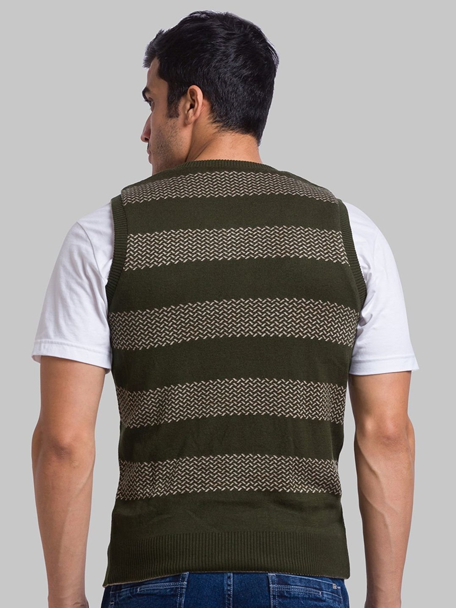 Parx Green & Beige Regular Fit Self Pattern Sweater