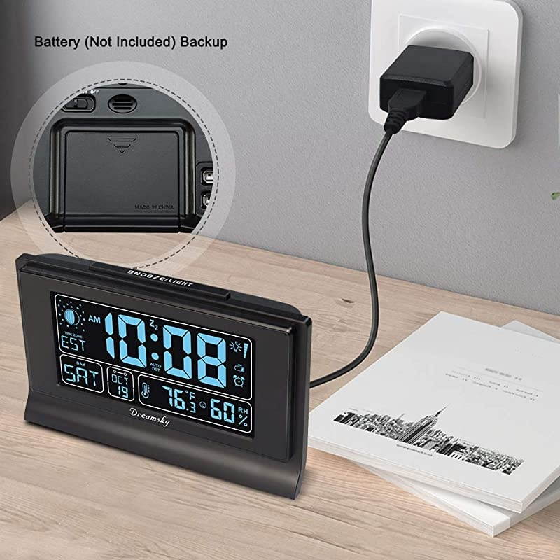 Auto Set Alarm Clock with USB Charging Ports 6quot Large Display with Indoor Temperature amp Humidity DateDay amp Moon Phase Brightness Dimmer Auto DST Backup Battery