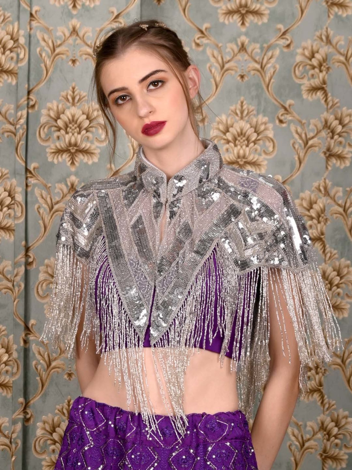 Odette Grey Embellished Fancy Cape