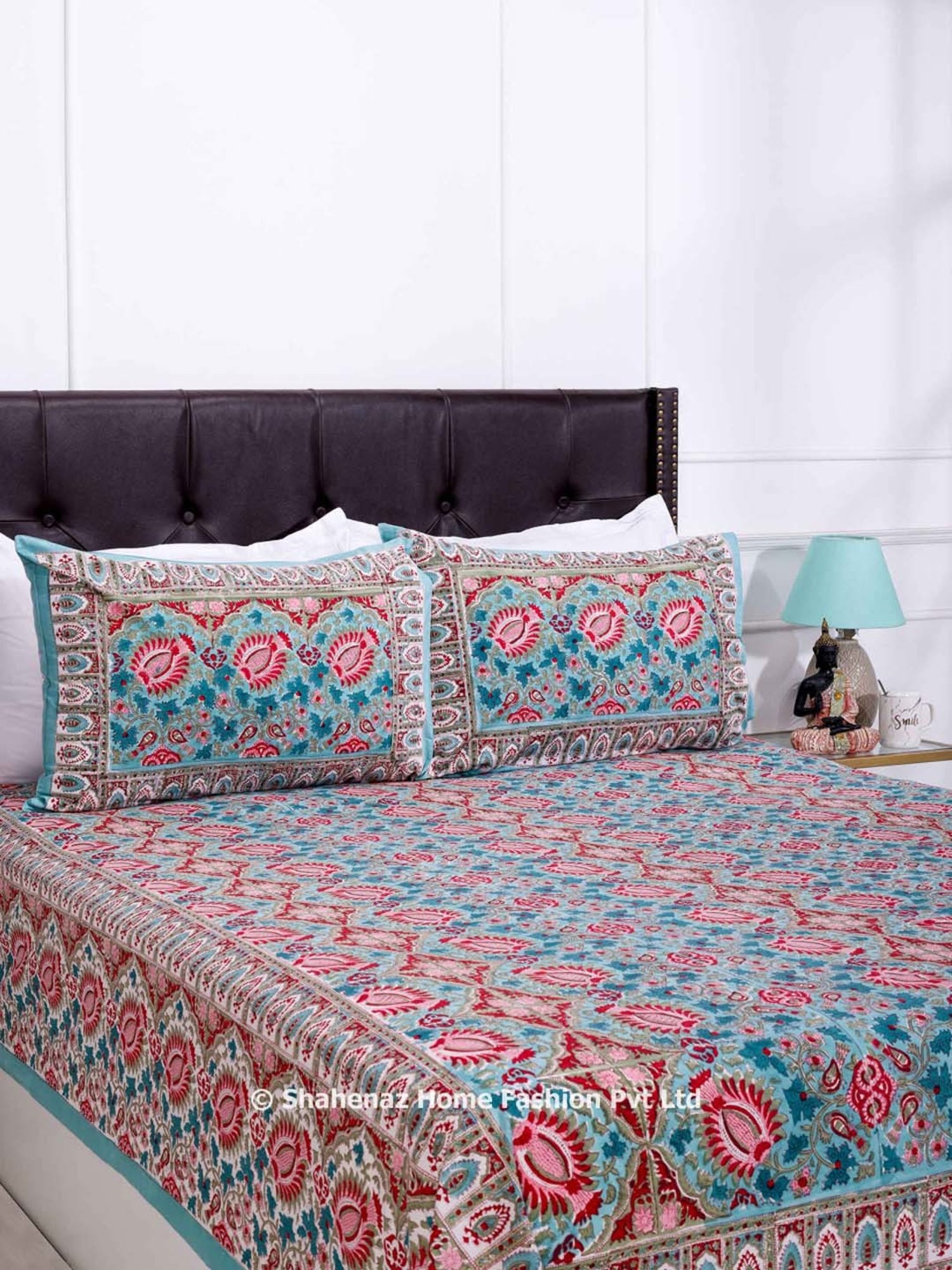 Shahenaz Blue & Pink 120 TC Cotton Camerina Single Bedsheet with 1 Pillow Cover