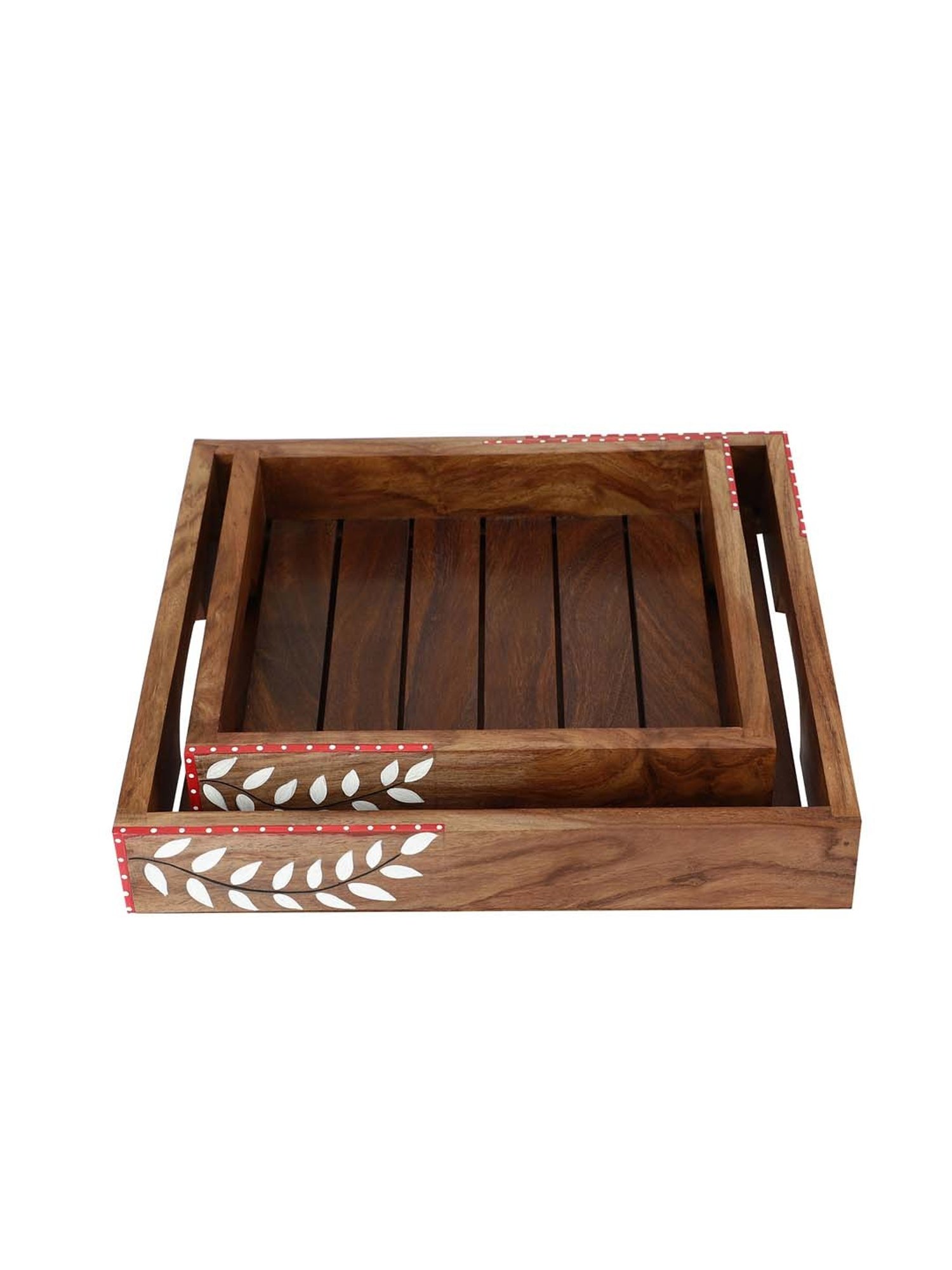 VarEesha Snow Leaf Brown Sheesham Wood Serving Tray - Set of 2