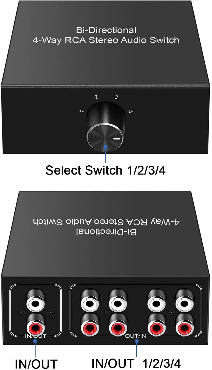 4-Way Stereo L/R Sound Channel Bi-Directional Audio Switcher, 1 in 4 Out or 4 in 1 Out, L/R Sound Channel Audio Switch Splitter RCA Stereo Switch Selector for DVD Stereo Speaker CD Player