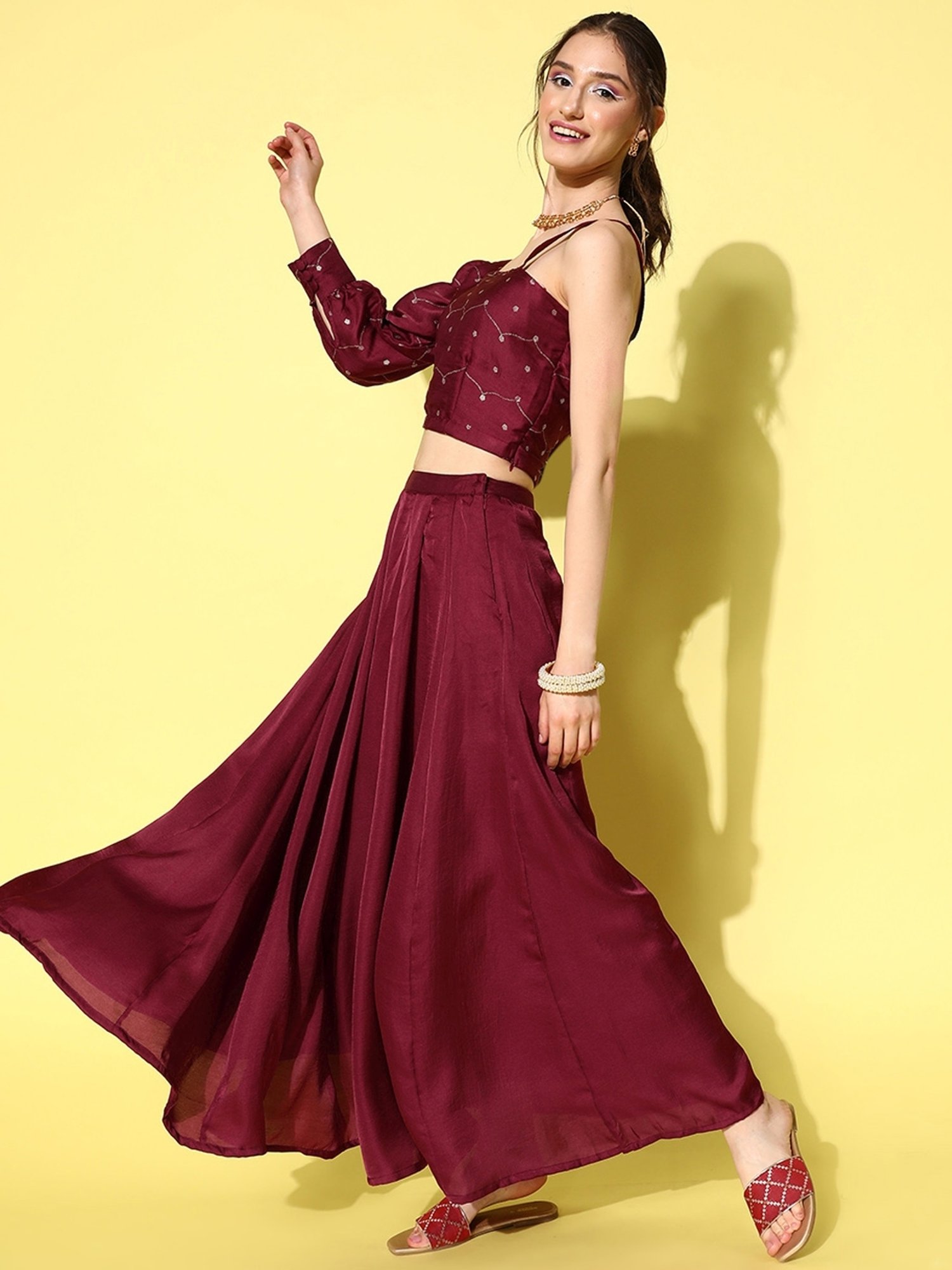 Yufta Maroon Embroidered Crop Top Skirt Set