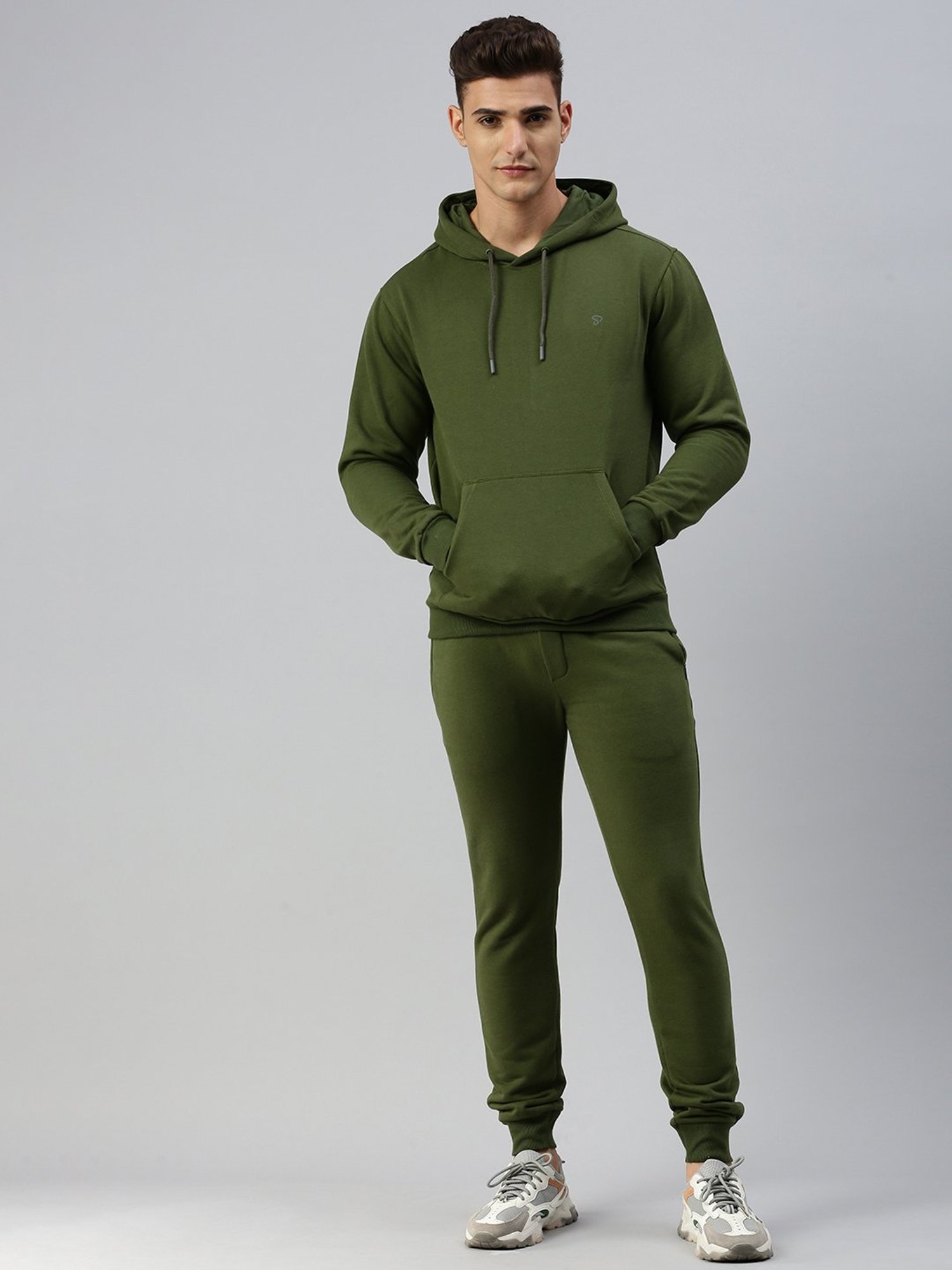 Sporto Green Regular Fit Hooded Sweatshirt and Joggers Set