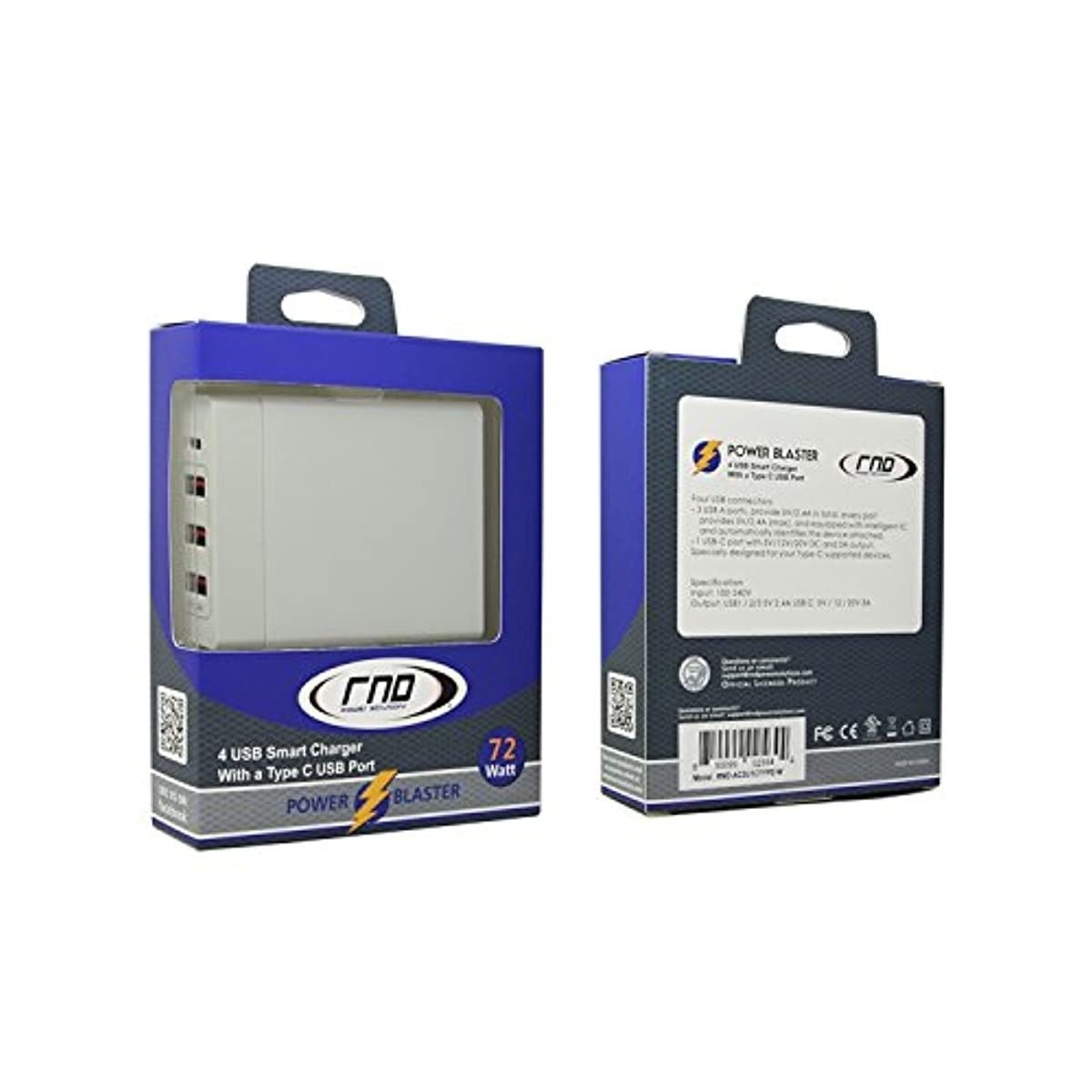 RND 72W Smart Travel Charger with One Type-C (USB-C) Port and Three USB Ports Compatible with: Apple MacBook, Google Pixel, LG, Samsung Galaxy (S10, S9, S8, Note) and All Type C Devices (White)