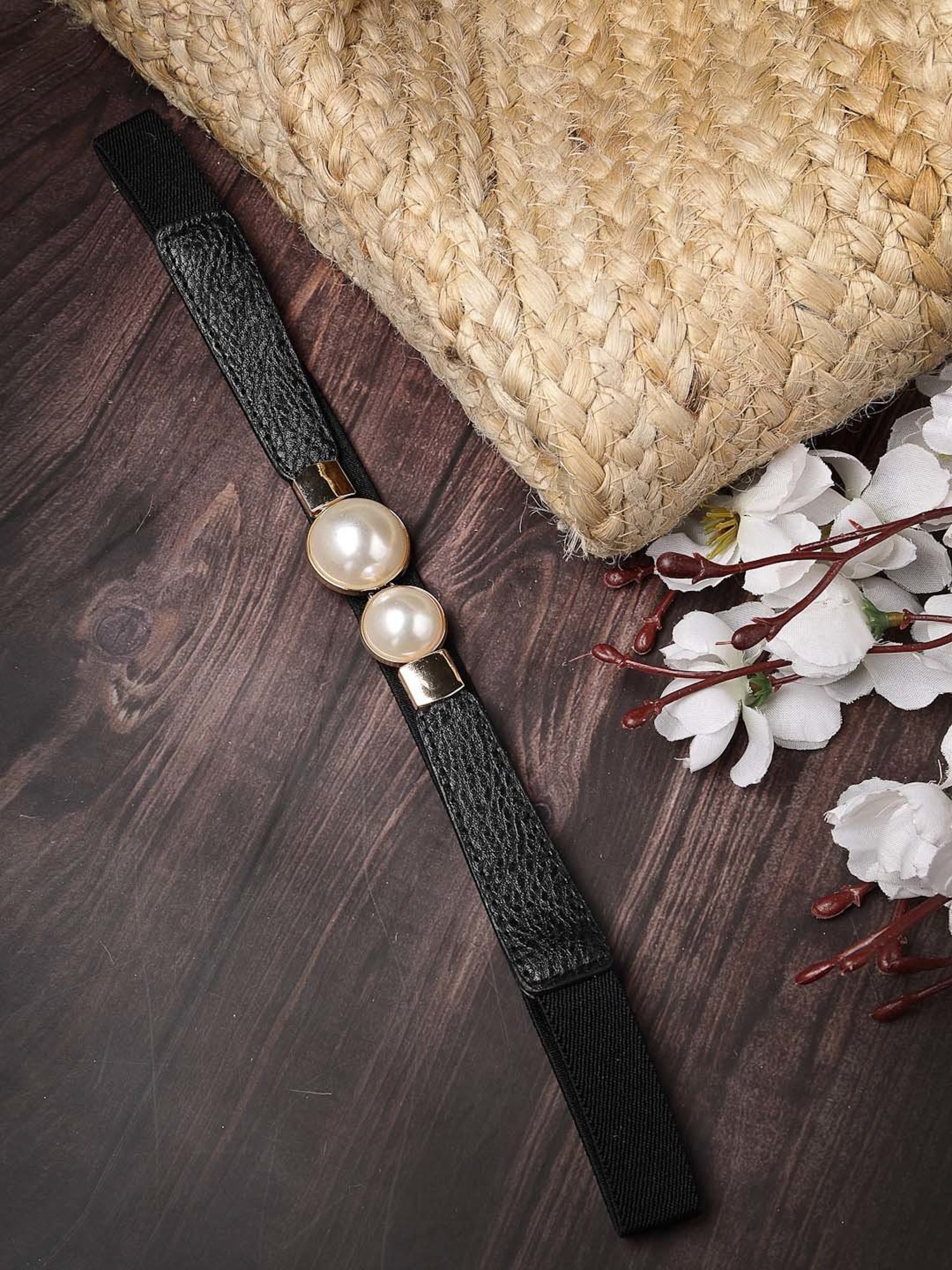 NVR Circular Black Stretchable Leather Belt for Women