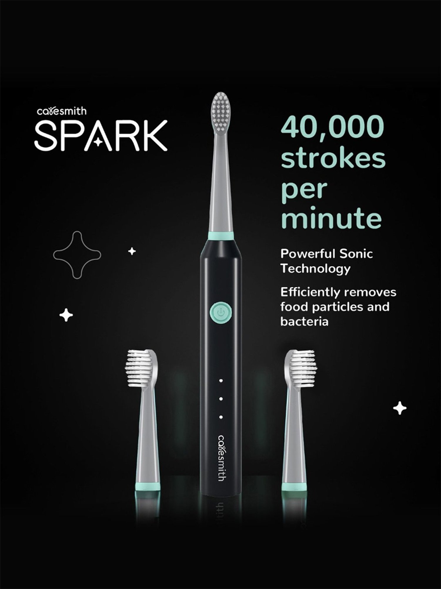 Caresmith Spark Rechargeable Electric Toothbrush with 2 Brush Heads (Black)