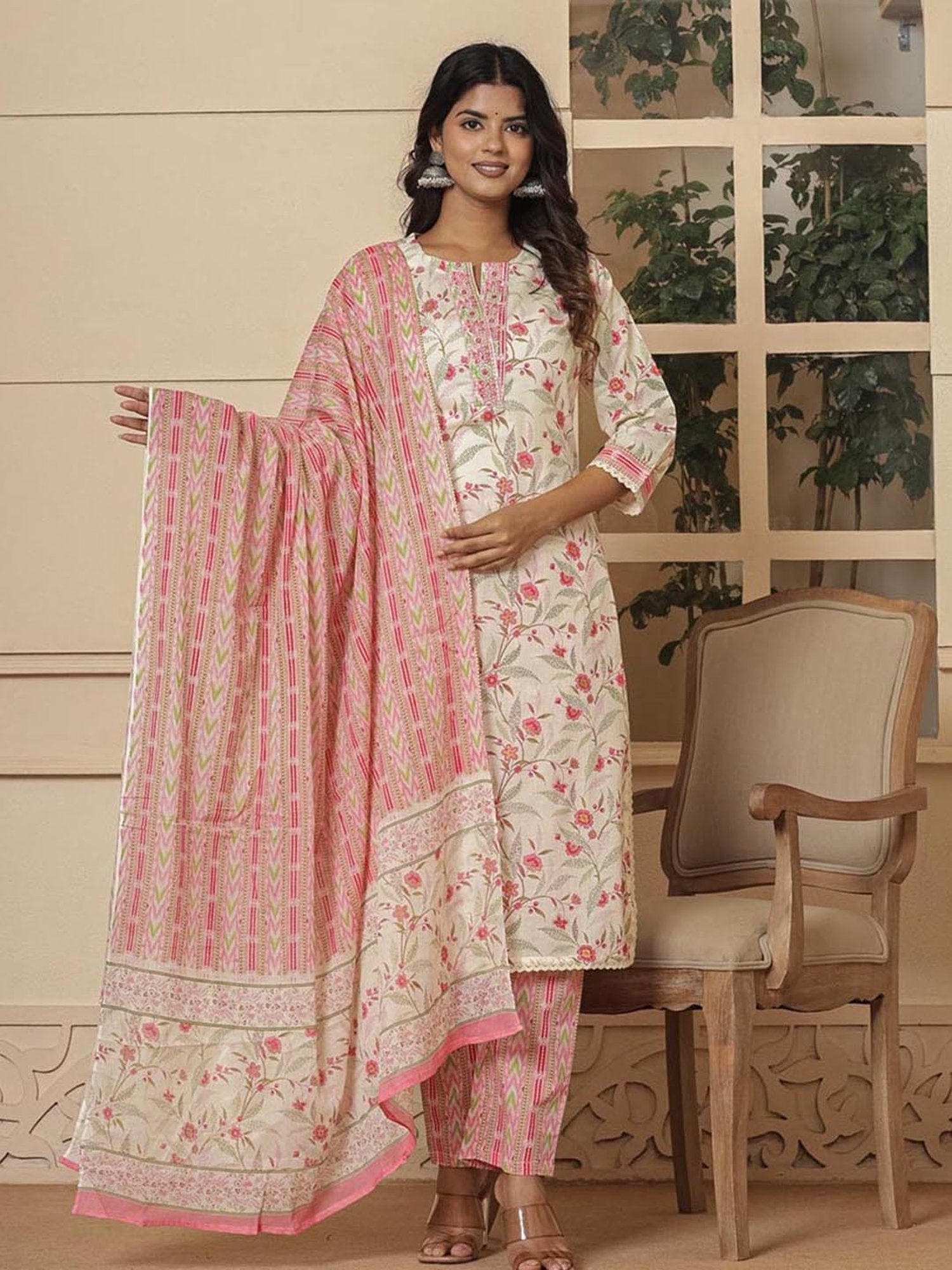 Yufta Off White & Pink Cotton Embroidered Kurta & Pant Set with Dupatta