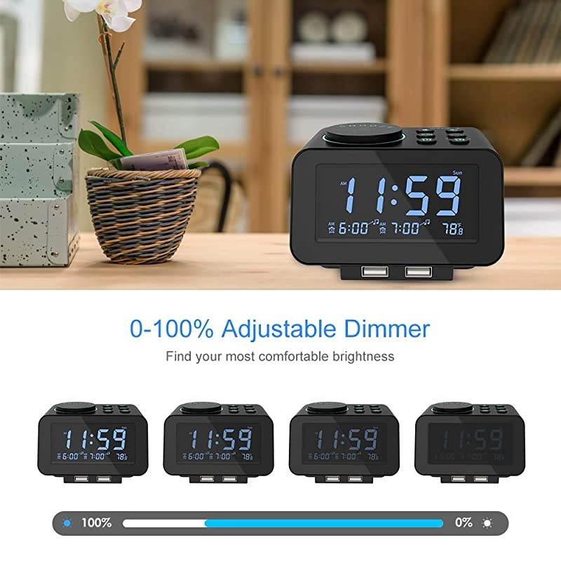 DigitalAlarm Clock Radio 0100 Dimmer Dual Alarm with WeekdayWeekend Mode 6 Sounds Adjustable Volume FM Radio wSleep Timer Snooze 2USB Charging PortsThermometer Battery Backup