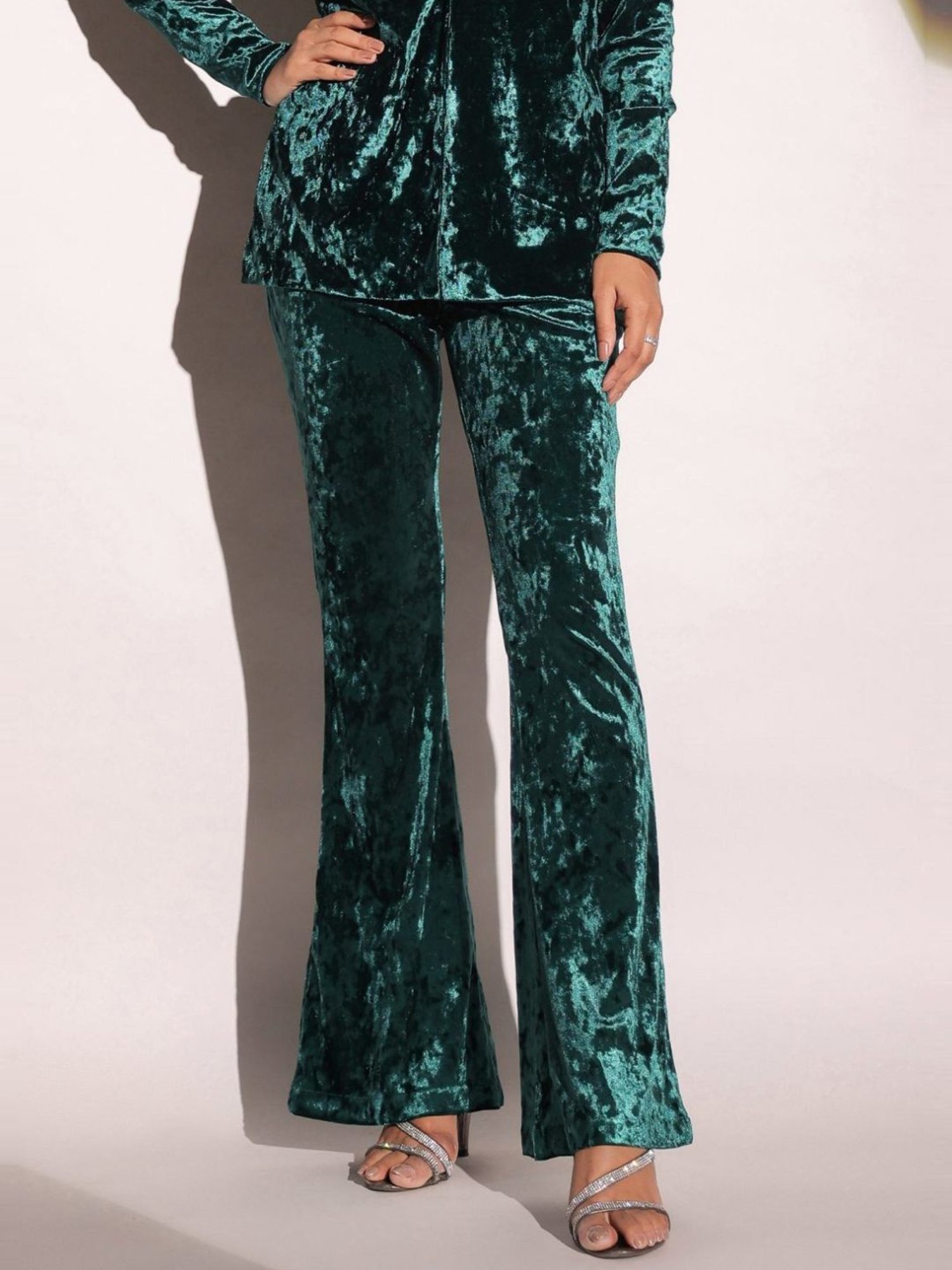 BInfinite Emerald Green Showtime Velvet Flared Trousers