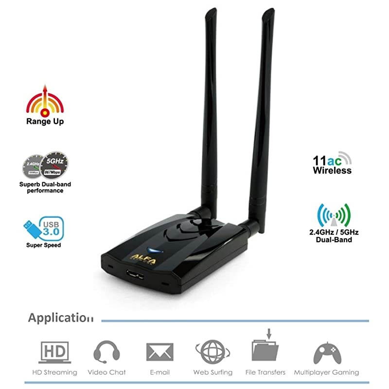 LongRange DualBand AC1200 Wireless USB 30 WiFi Adapter w2x 5dBi External Antennas 24GHz 300Mbps5GHz 867Mbps 80211ac A B G N