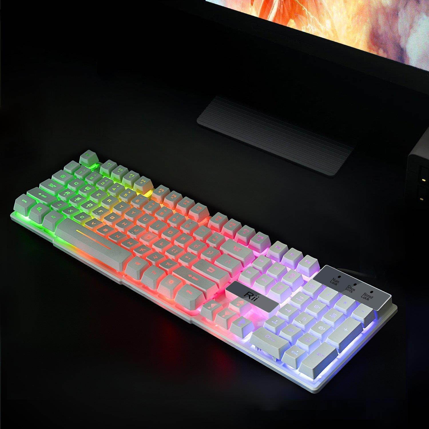 Rii RK100+ Multiple Colors Rainbow LED Backlit Large Size Mechanical Feeling USB Wired Multimedia Keyboard,White