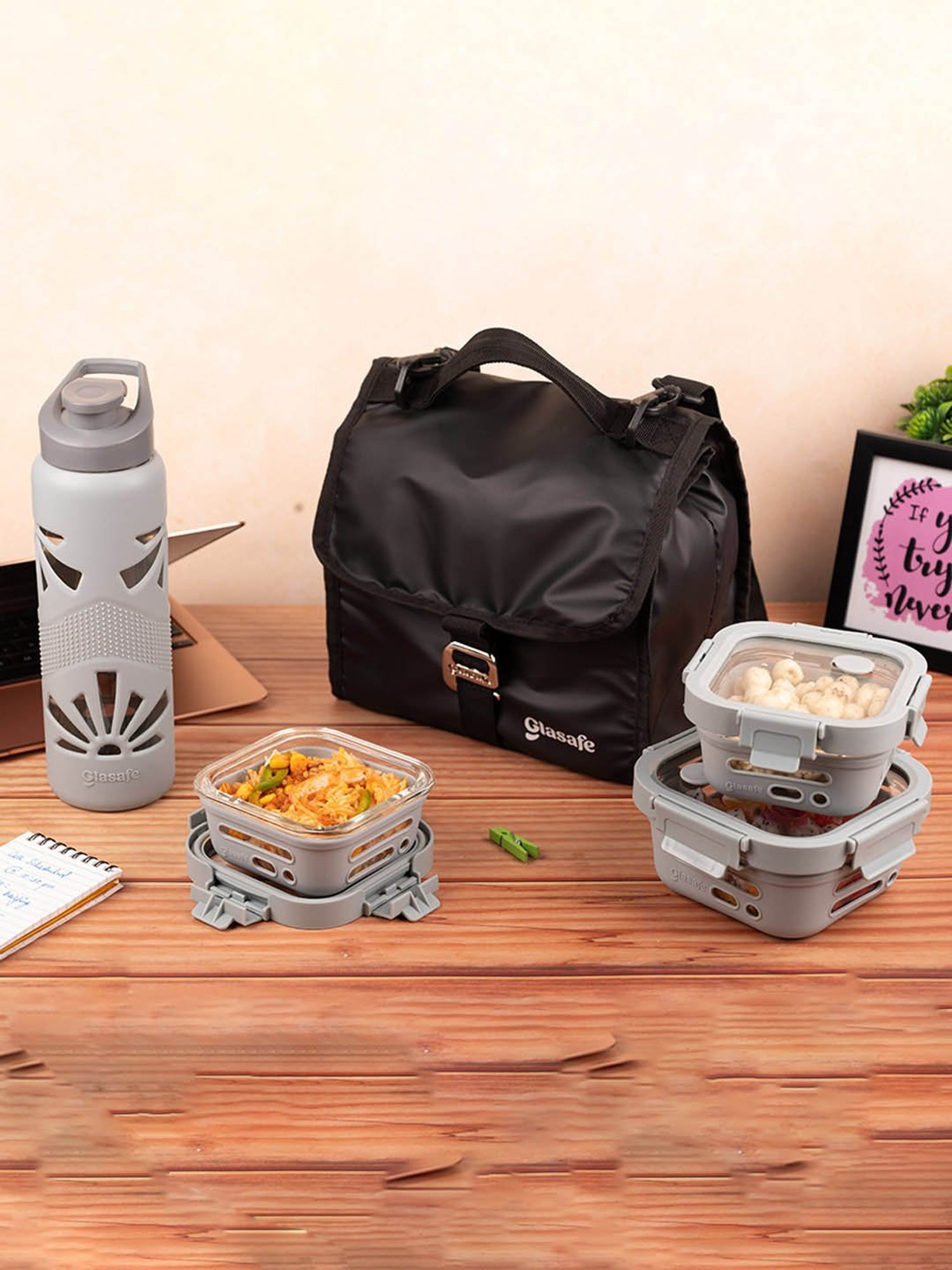 Glasafe Trio Grip Slate Grey Borosilicate Tiffin Combo