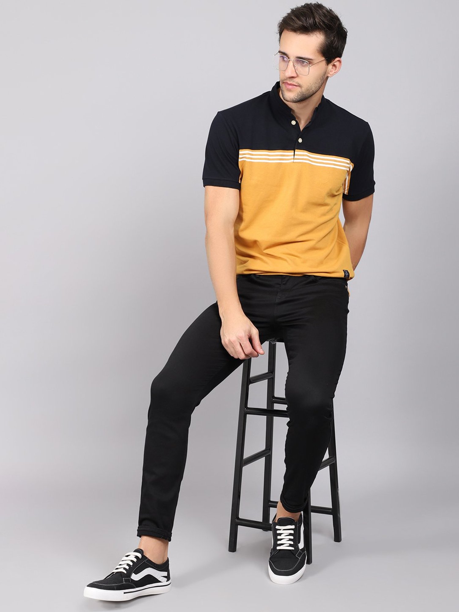 Cantabil Mustard Cotton Regular Fit Striped Polo T-Shirt