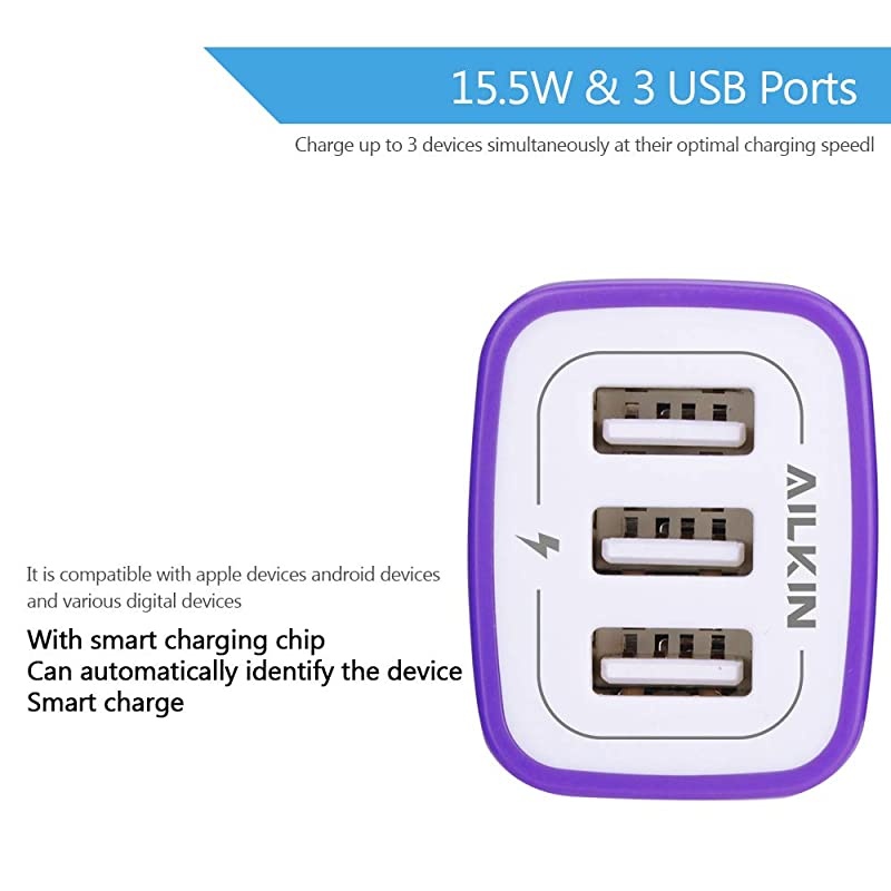 USB Charger Adapter,  2 Pack 3.1A 3-Port Universal Home Travel USB Fast Charging Adapter Plug Cube Block Base Plug Outlet Compatible Phone X/8/7/Plus, HTC, LG