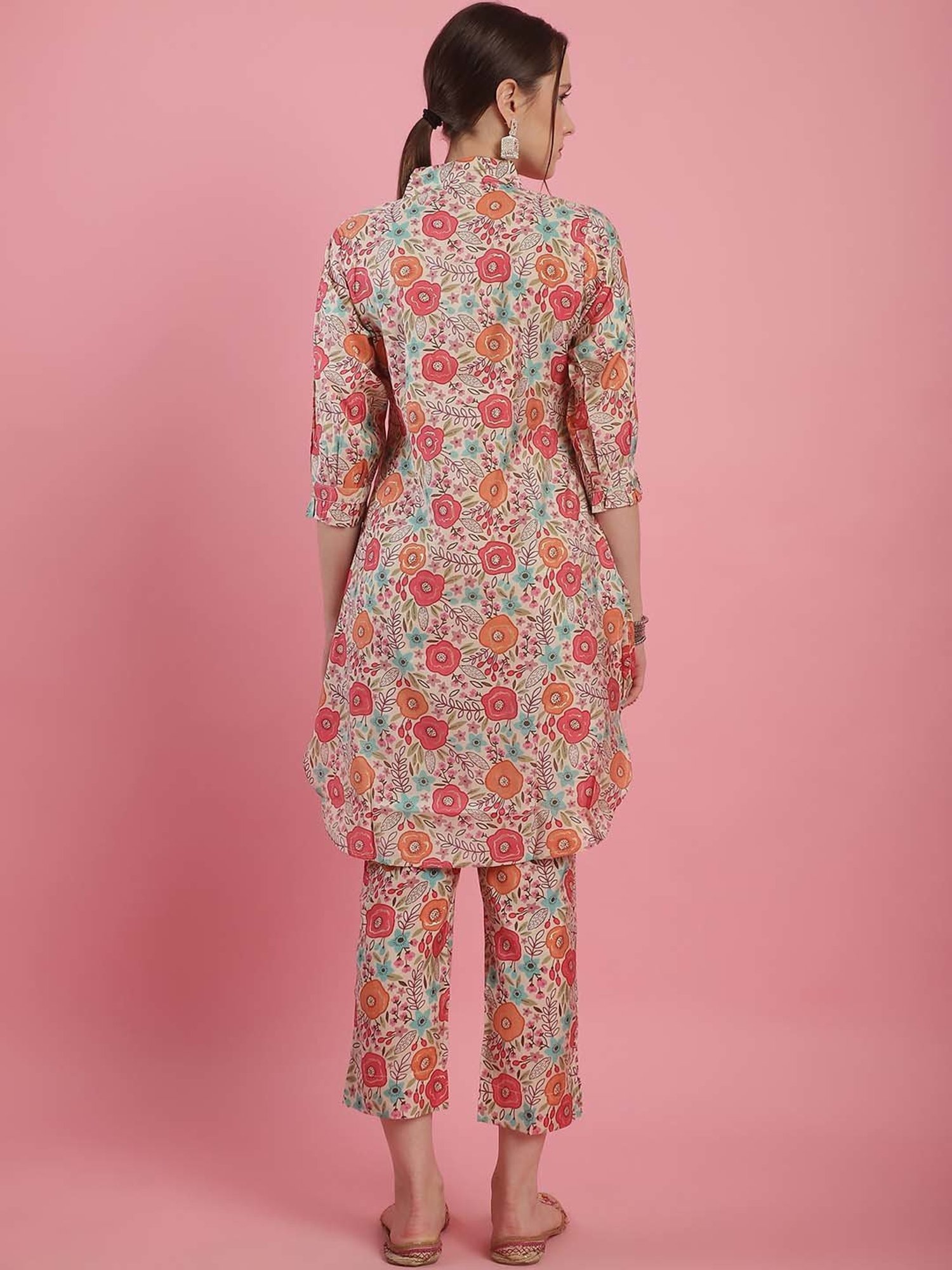 Prakrti Beige Floral Print Kurti Pant Set