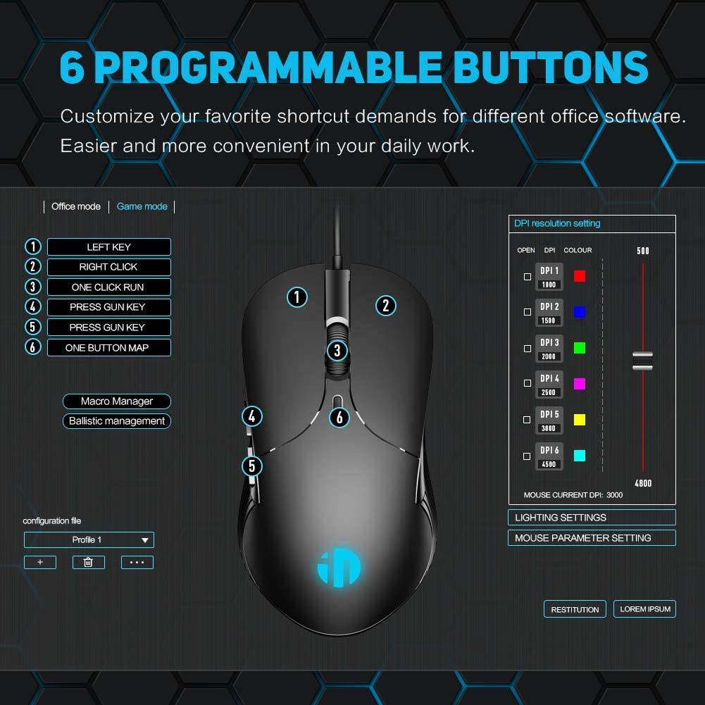 Wired PC Mouse, Silent Click, 4800DPI Adjustable & 6 Programmable Buttons, Optical tracking, Ergonomic Design, Streamlined inphic USB Wired Mouse for PC Laptop Computer Working and Gaming