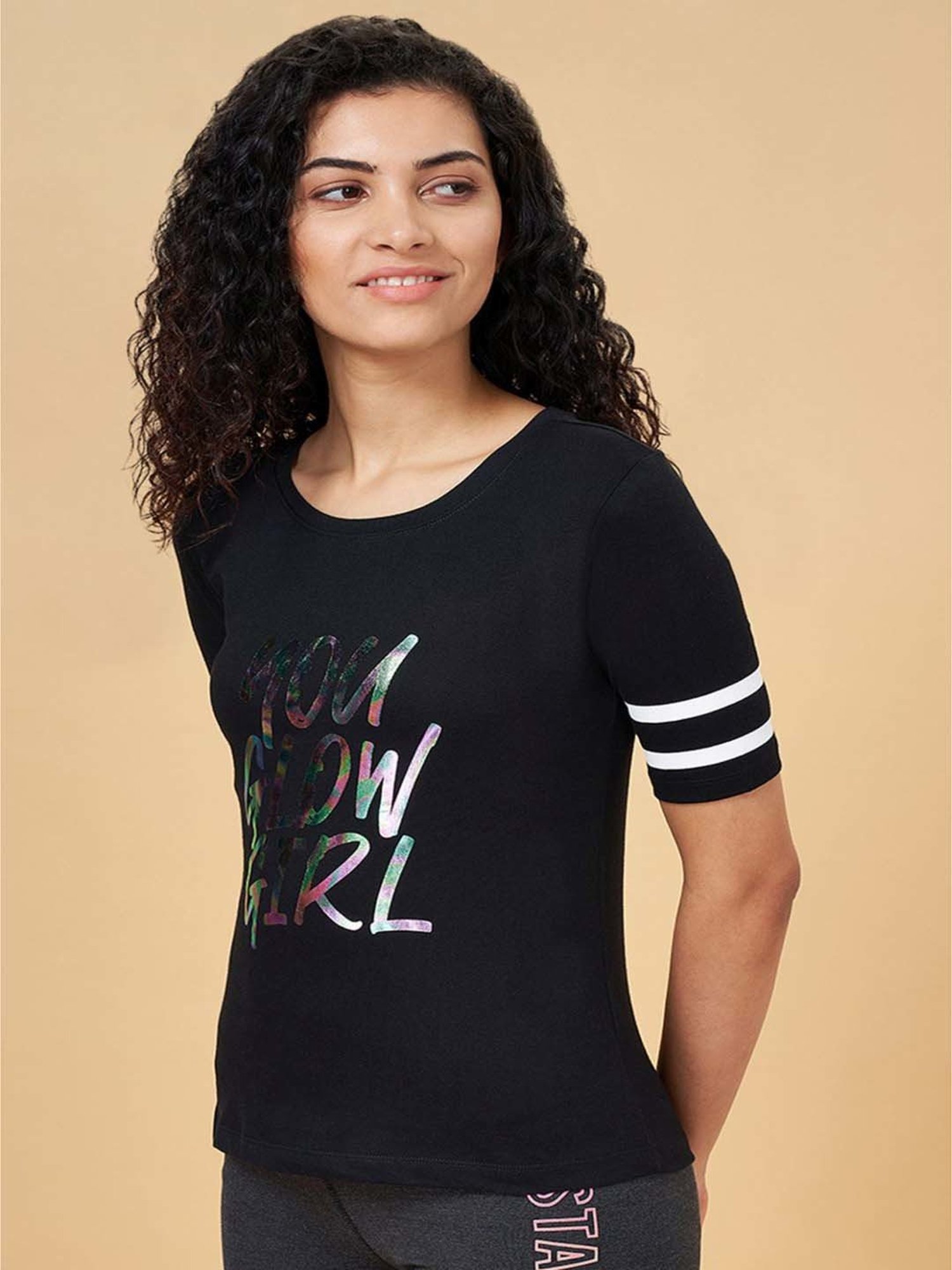 Ajile by Pantaloons Black Cotton Graphic Print Sports T-Shirt