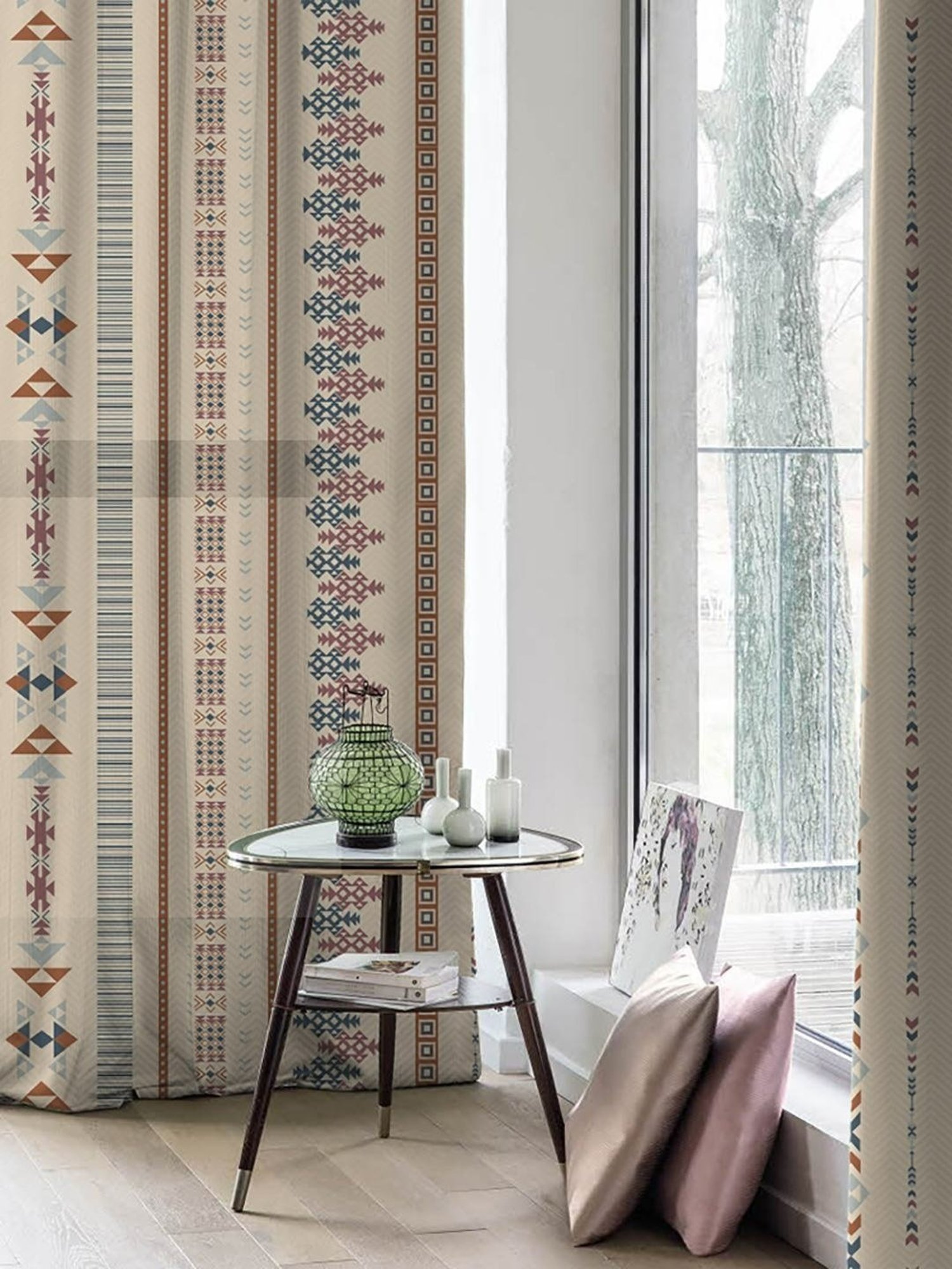 SPACES DRAPE STORY Boho Digital Print Beige Polyester 5 ft Window Curtains - Set of 2