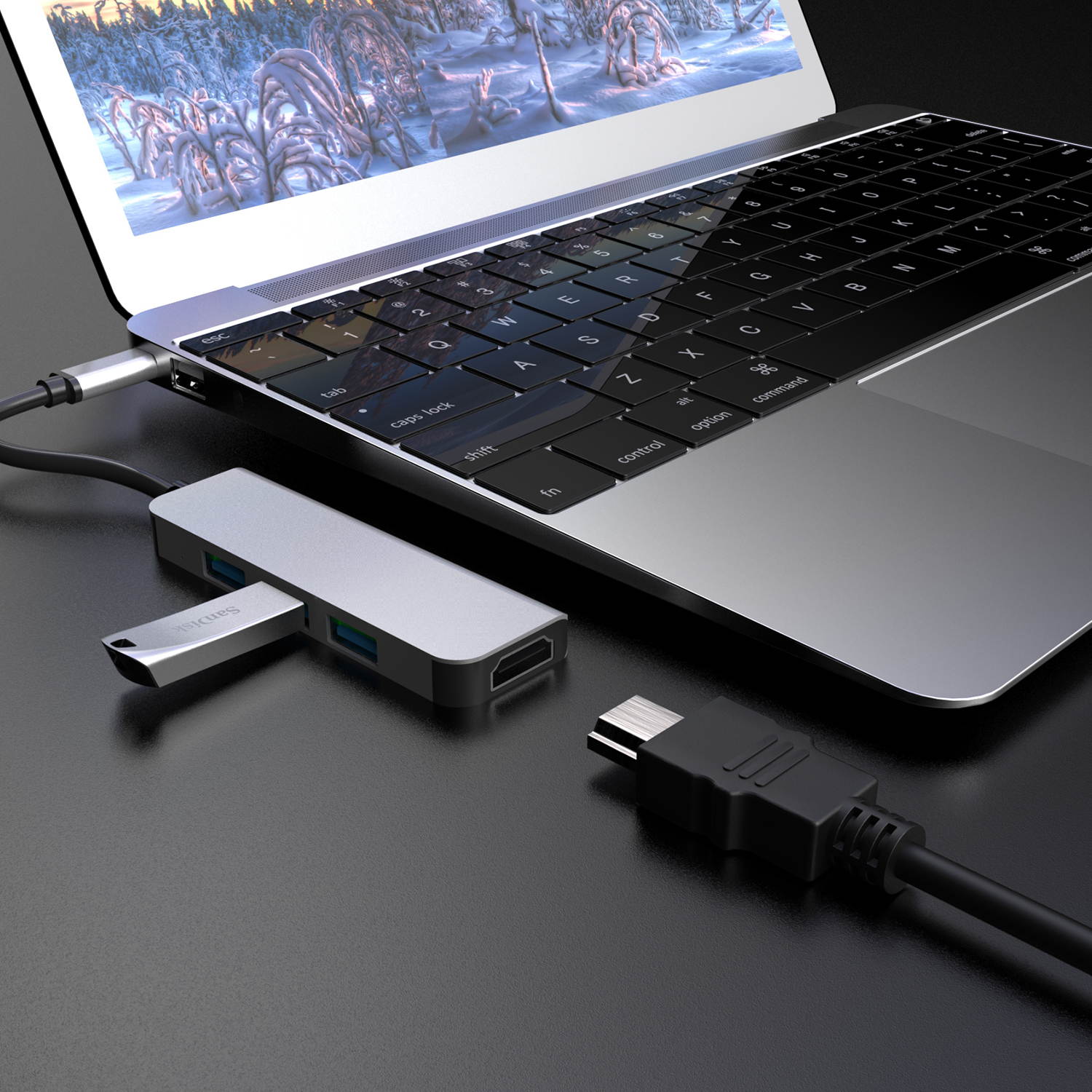 Computer USB converter 4 in 1 hub, HDMI Port Max 4K UHD 3840*2160@30HZ with  3 USB 3.0 Hub Ports up to 5Gbps for data syncing, Suitable for the Mac with TYPE C interface and mouse, card reader,etc.