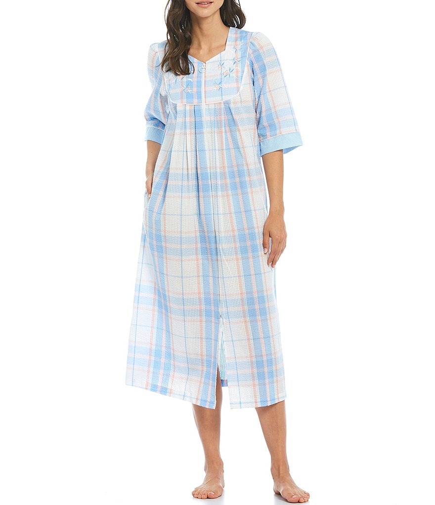 Miss Elaine Seersucker Plaid Printed Long Zip-Front Robe