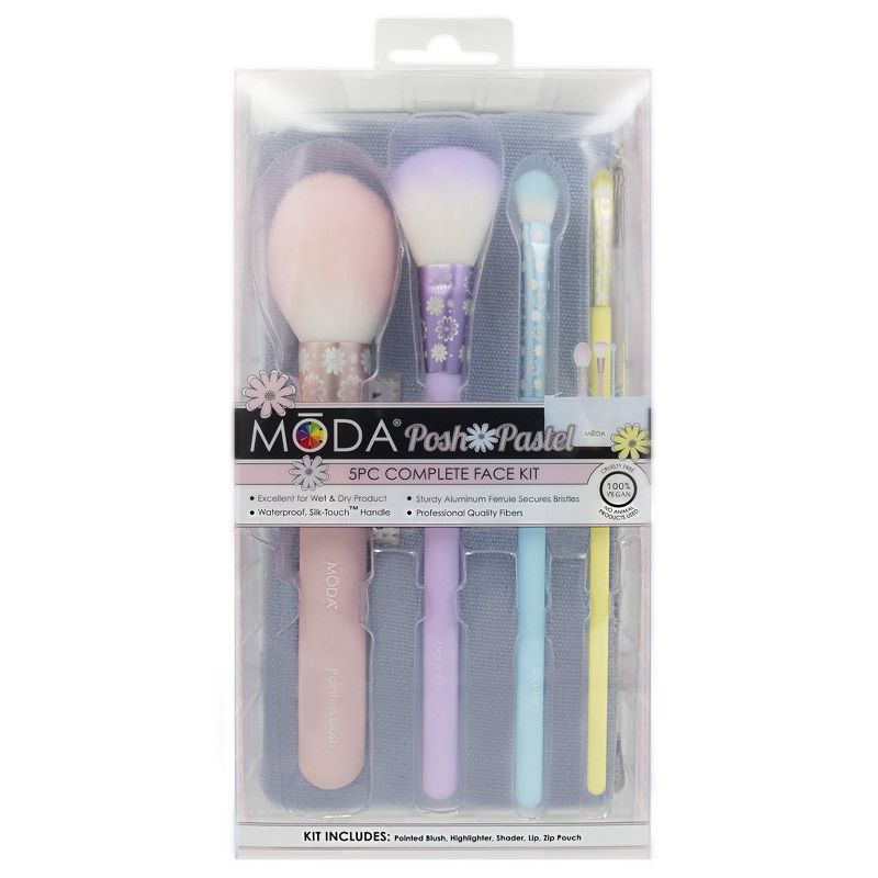 MODA Brush Posh Pastel 5pc Complete Face Makeup Brush Set, Includes - Pointed Blush, Highlighter, Shader, and Lip Brushes