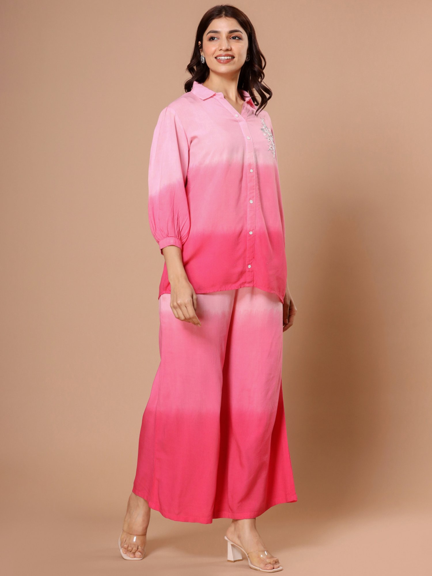 Zolo Label Pink Embroidered Top Pant Set