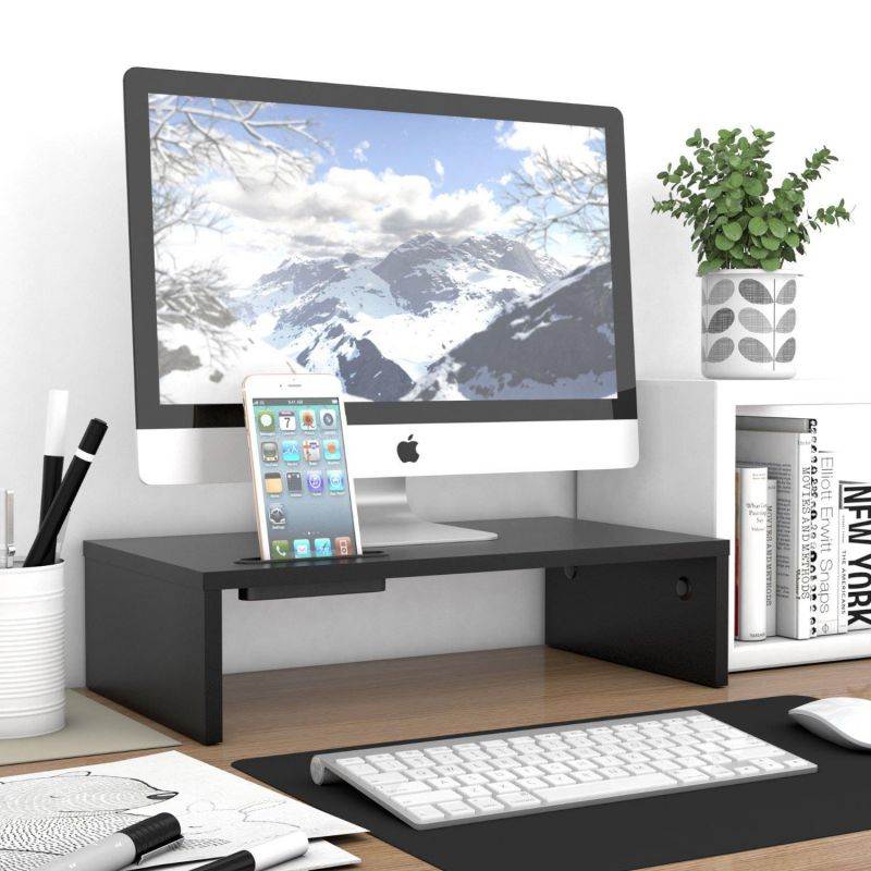 1homefurnit Wood Monitor Stand Riser Desk Storage Organizer, Speaker TV Laptop Printer Stand with Cellphone Holder and Cable Management, 16.7 inch Black