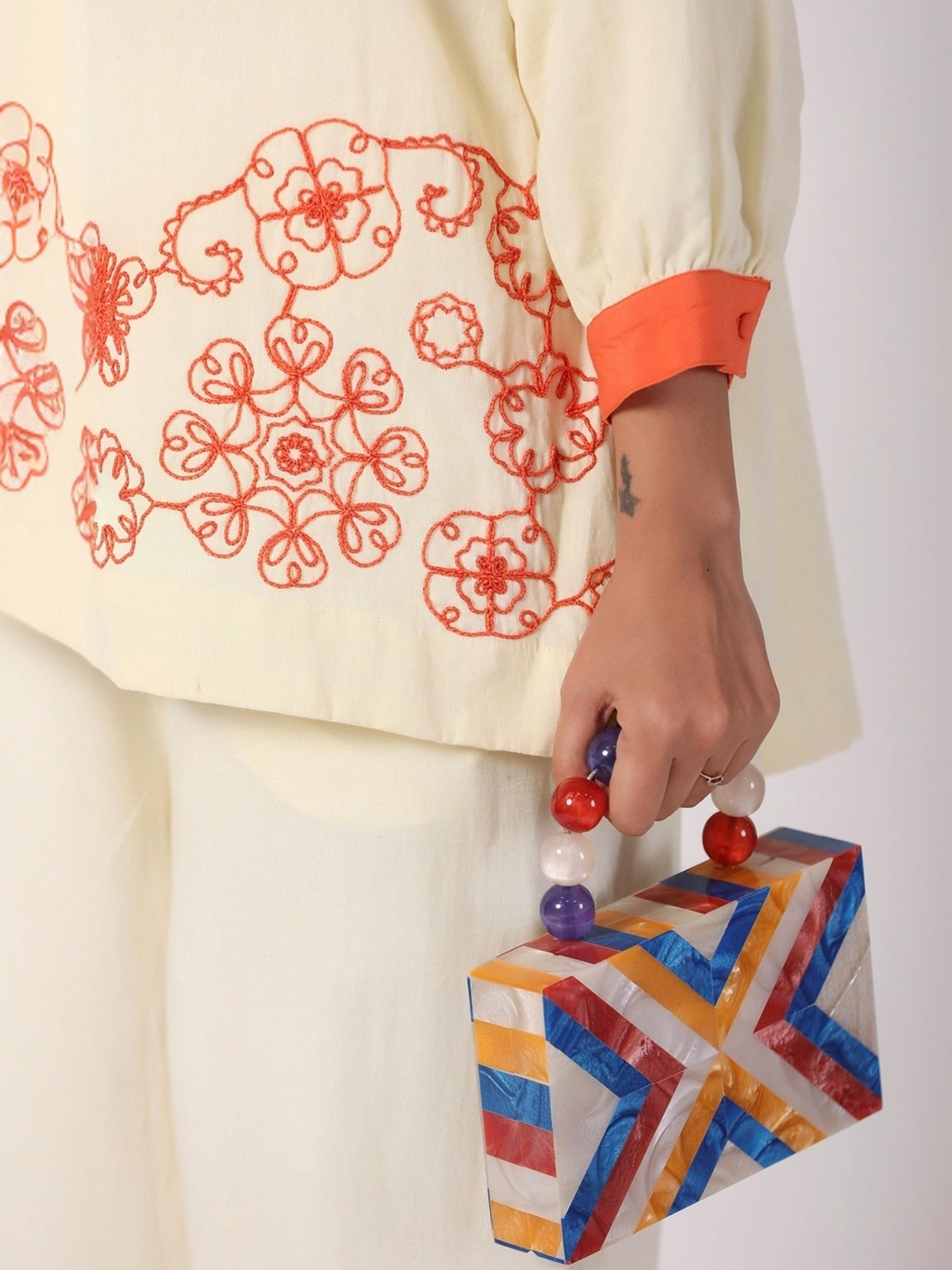 Zolo Label Beige Embroidered Shirt Palazzo Set