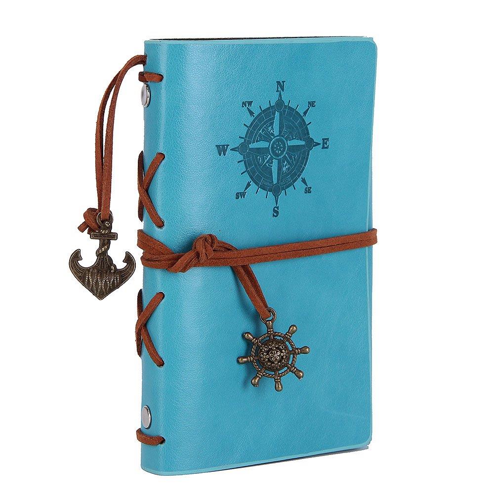 Leather Writing Journal Notebook, EvZ 5 Inches Vintage Nautical Spiral Blank String Diary Notepad Sketchbook Travel to Write in, Unlined Paper, Retro Pendants, Classic Embossed, Sky Blue