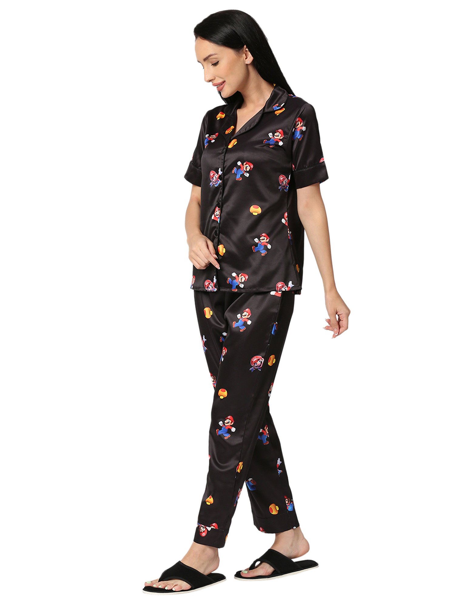 Smarty Pants Black Satin Print Shirt With Pyjamas