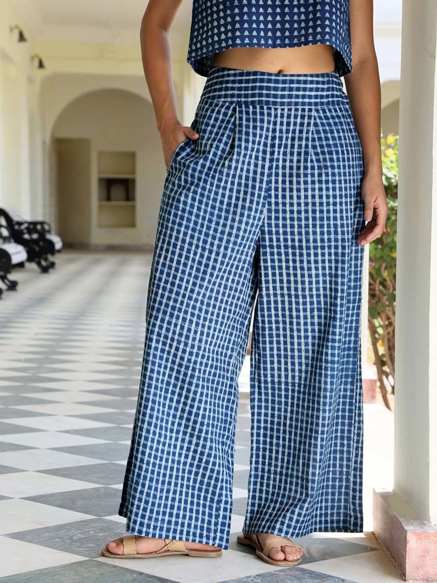 Okhai Indigo Pure Cotton Hand Block Print Regular Fit Mid Rise Palazzos