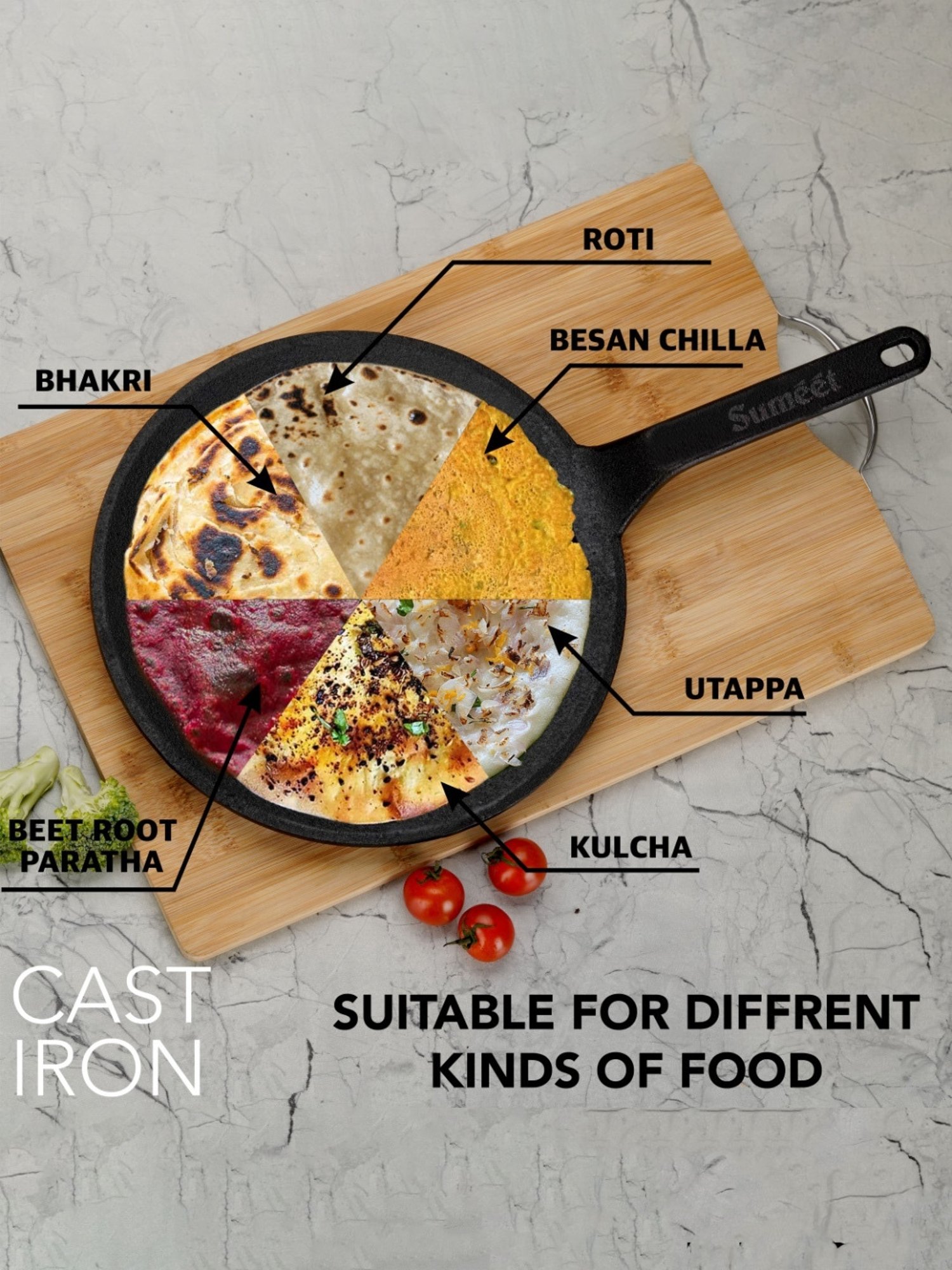 Sumeet Gold Series Pre Seasoned Cast Iron Concave Tawa for Roti 27cm 1.8kg, Gas & Induction-Friendly