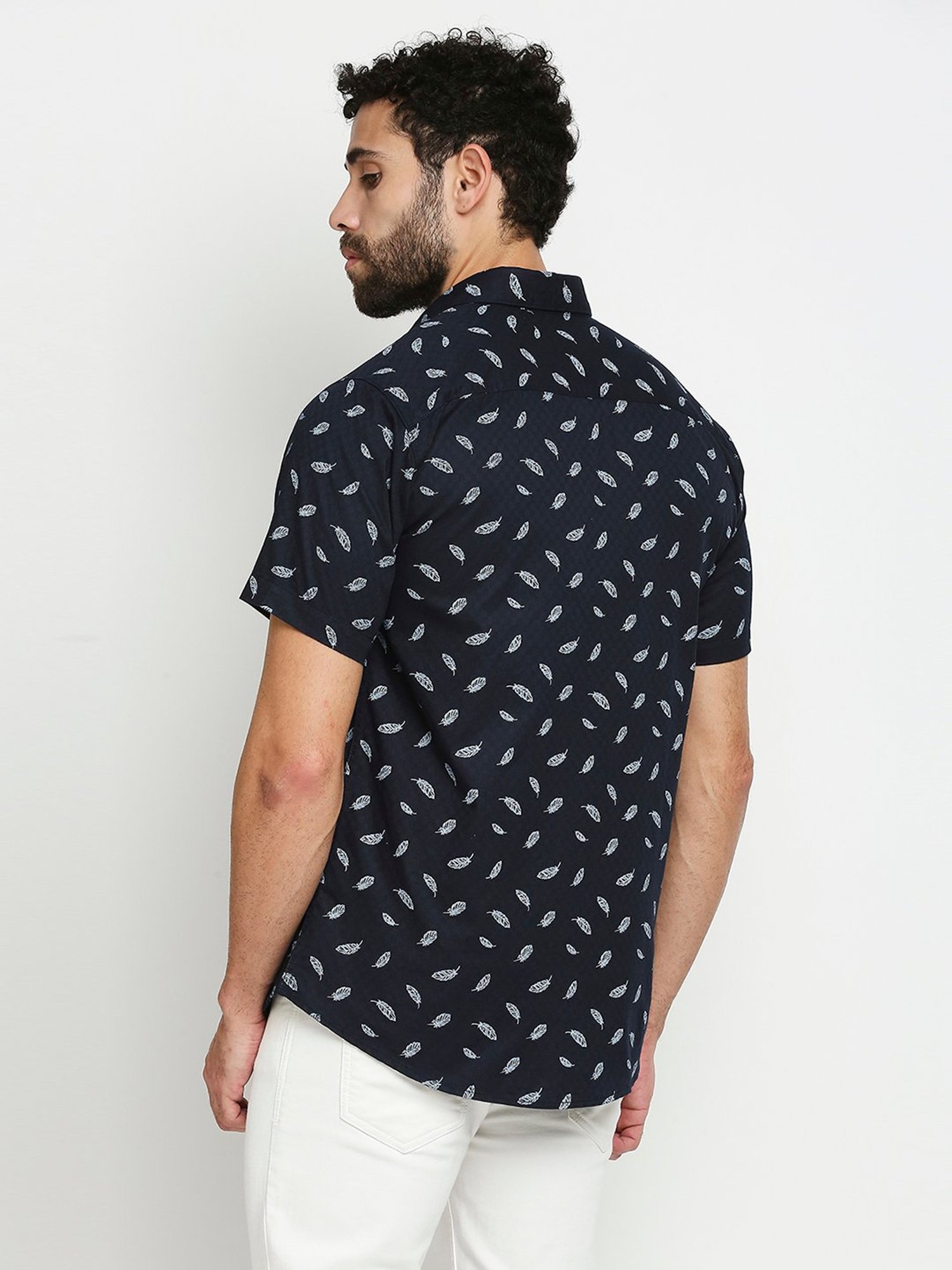 SOLEMIO Navy Slim Fit Printed Cotton Shirt