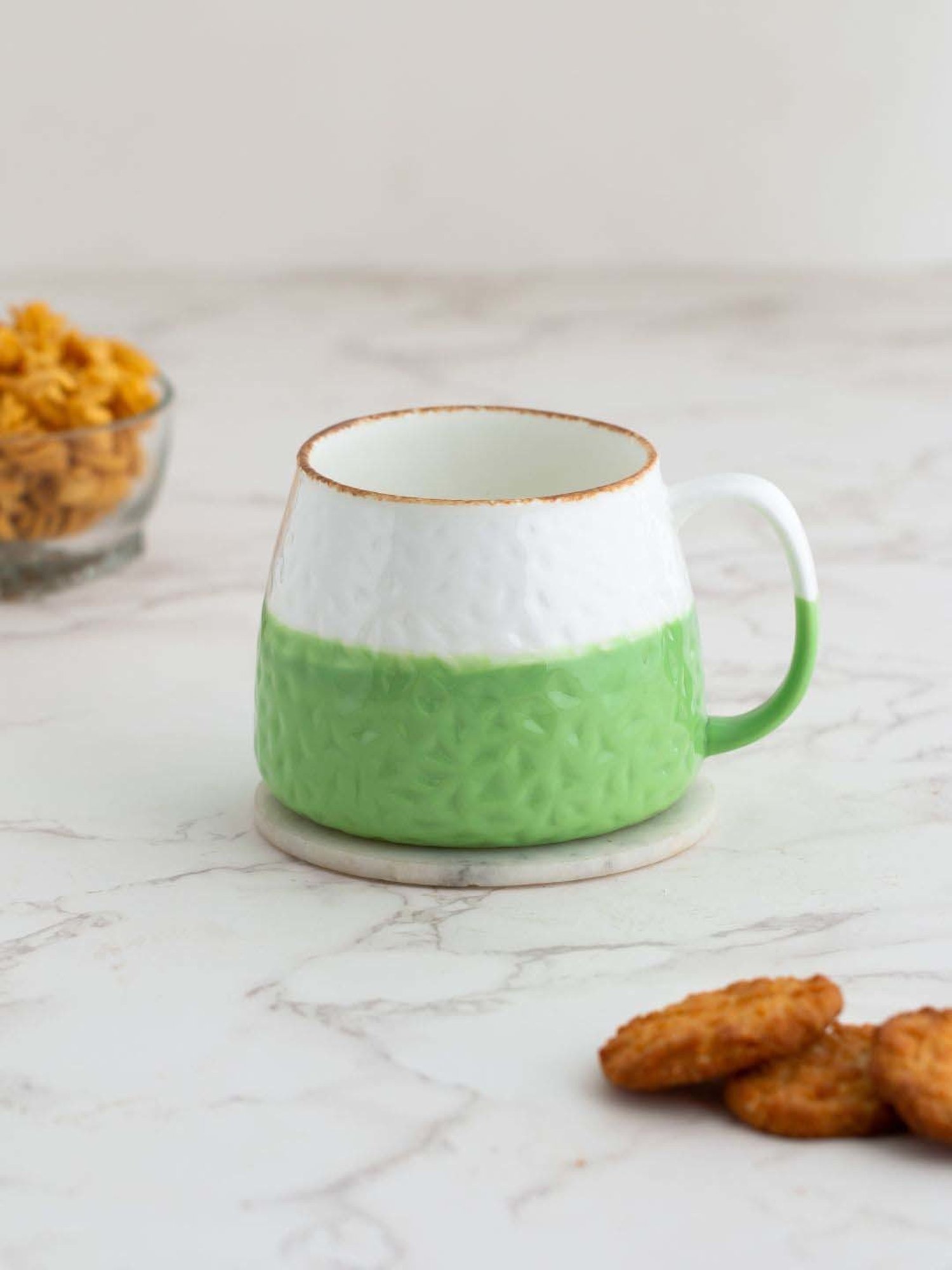 Clay Craft Tetra Off-White & Green Ceramic Mug (0.35 L) - Set of 2