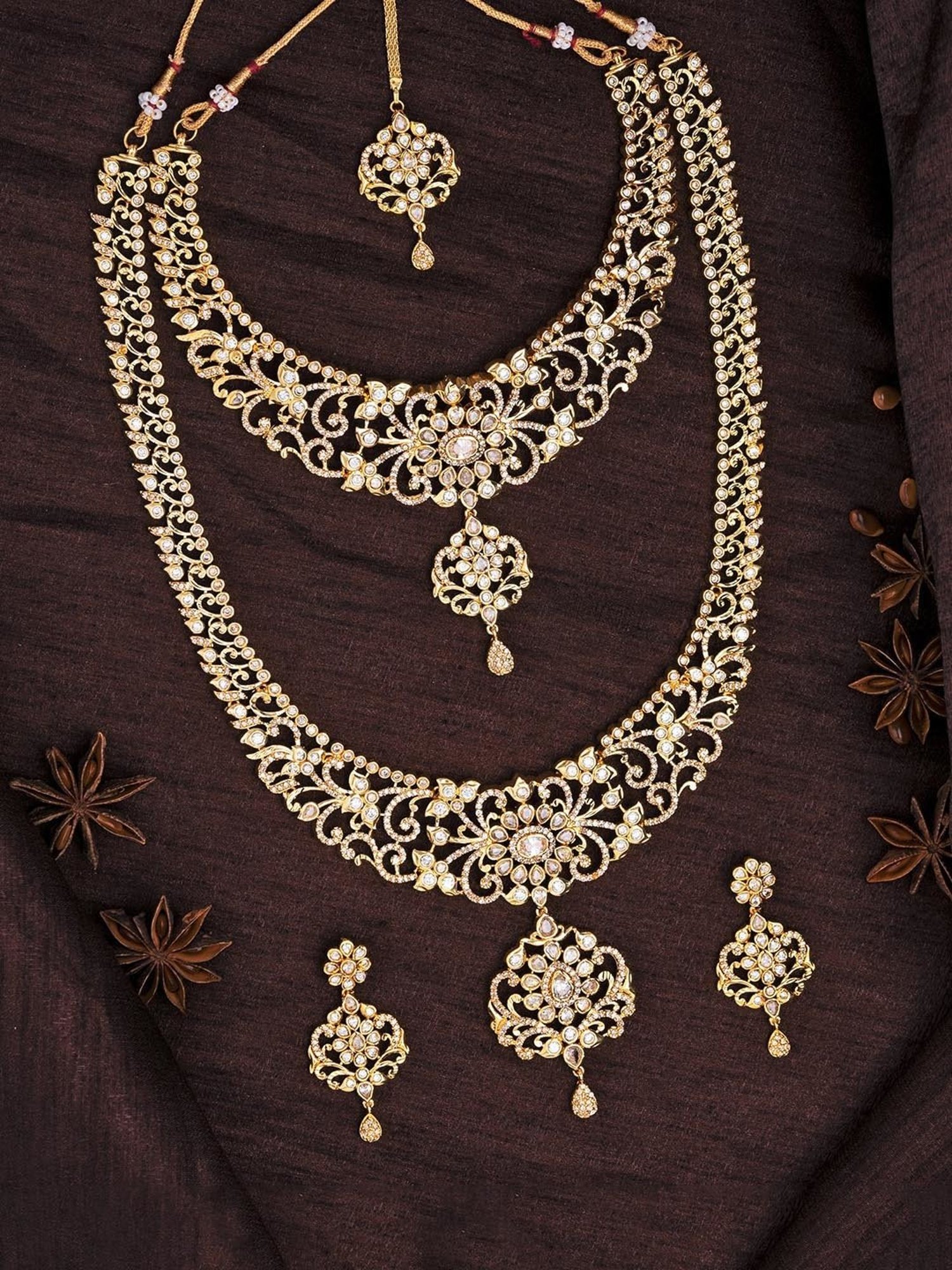 Estele Gold-Plated CZ Arcadia Designer Bridal Necklace Combo Set for Women