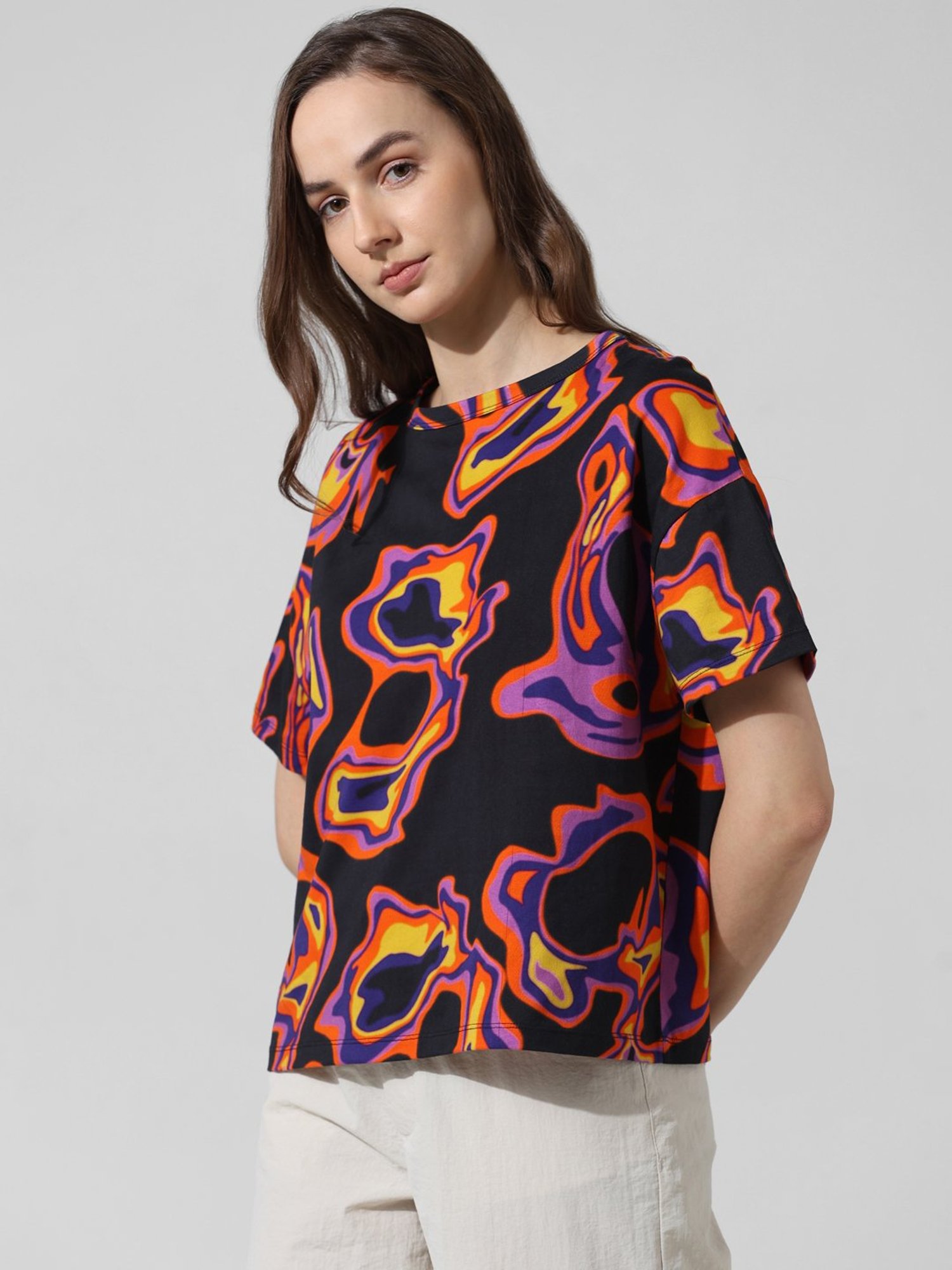 Only Black Cotton Printed Oversized T-Shirt