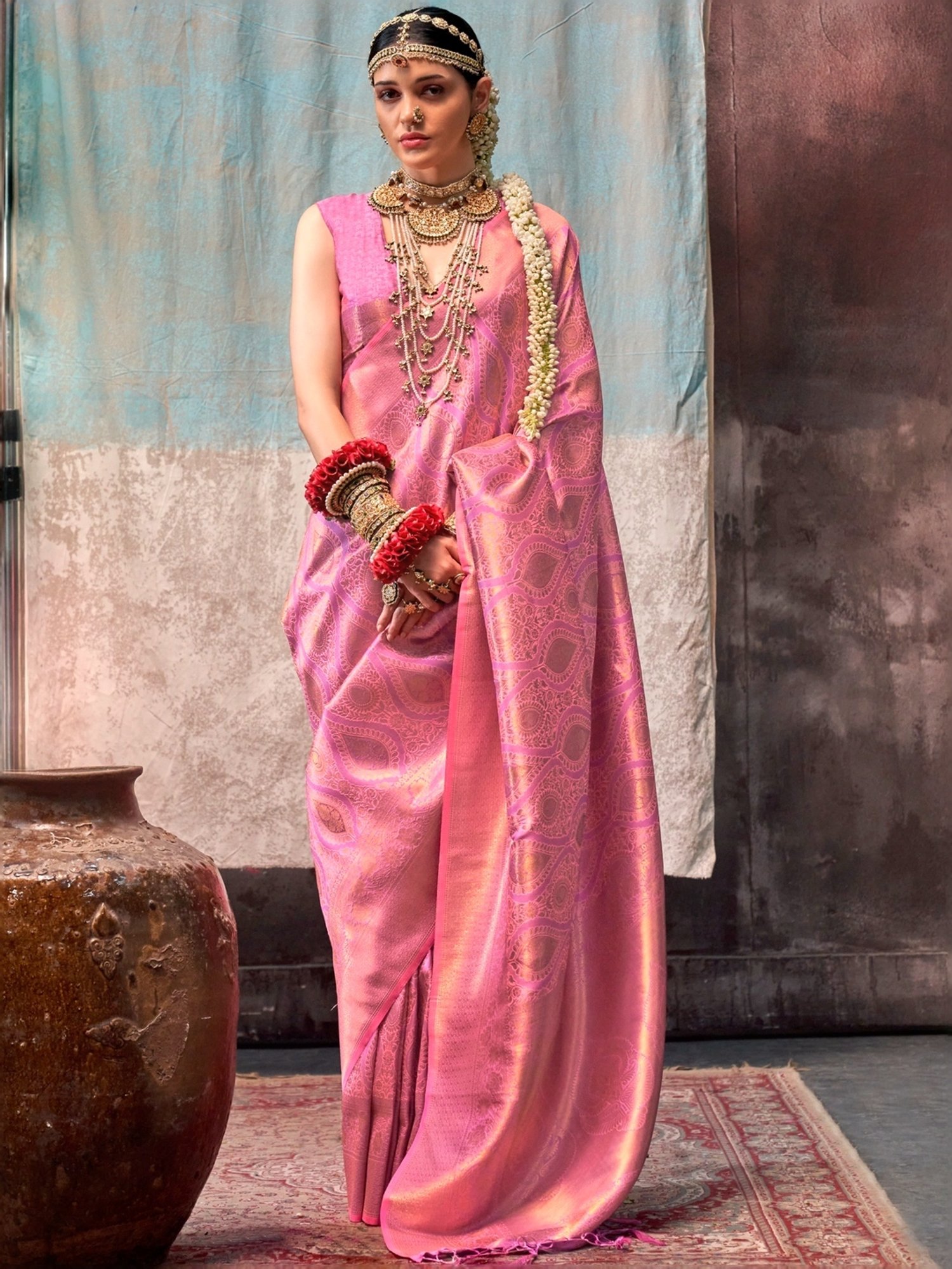 Elora Pink Silk Woven Saree With Unstitched Blouse