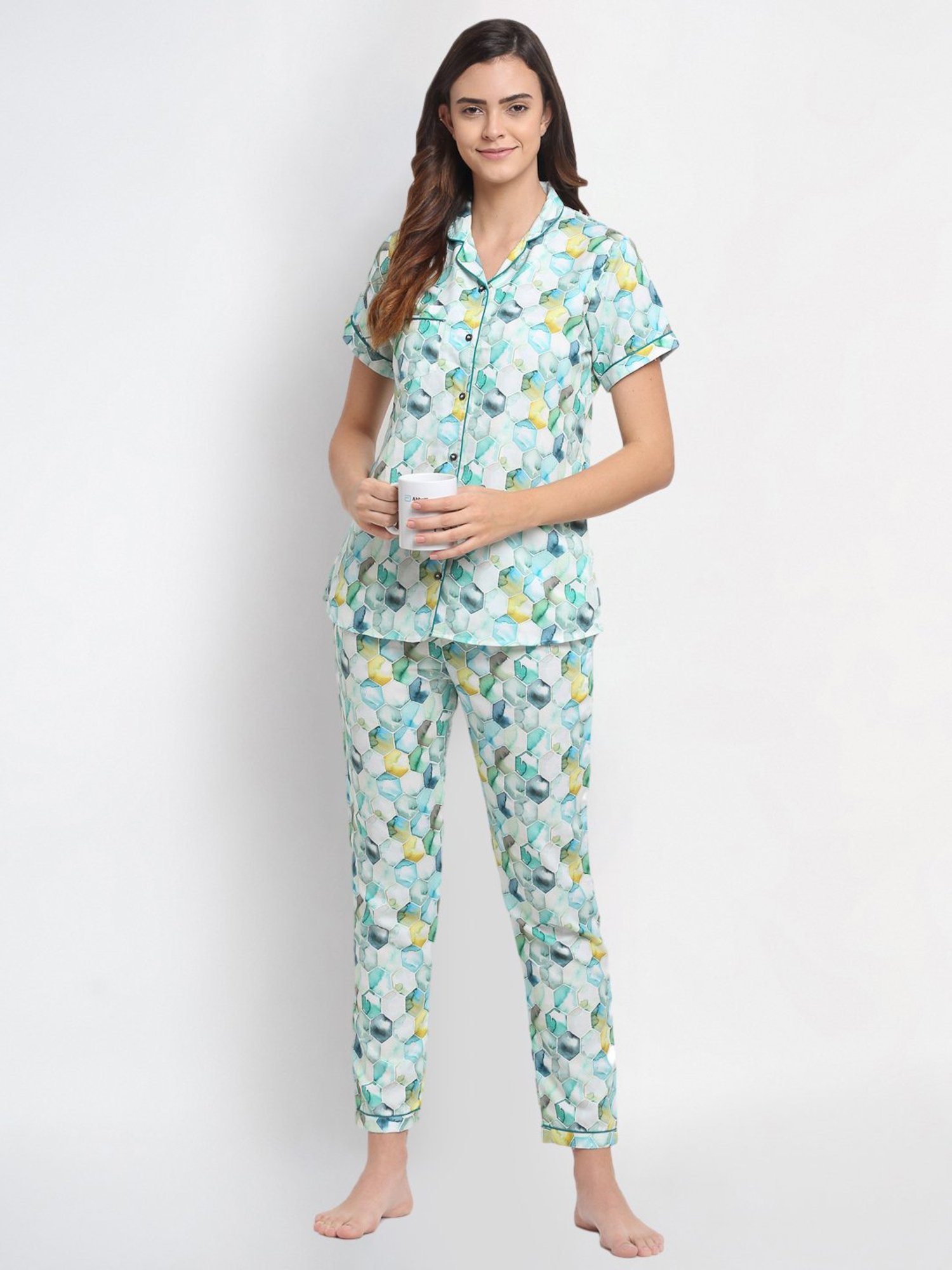 Erotissch White & Green Printed Shirt Pyjama Set