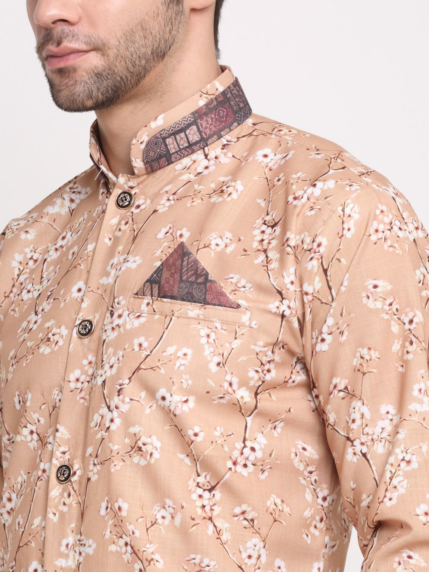 Benstoke Beige & White Cotton Regular Fit Floral Print Sherwani Set