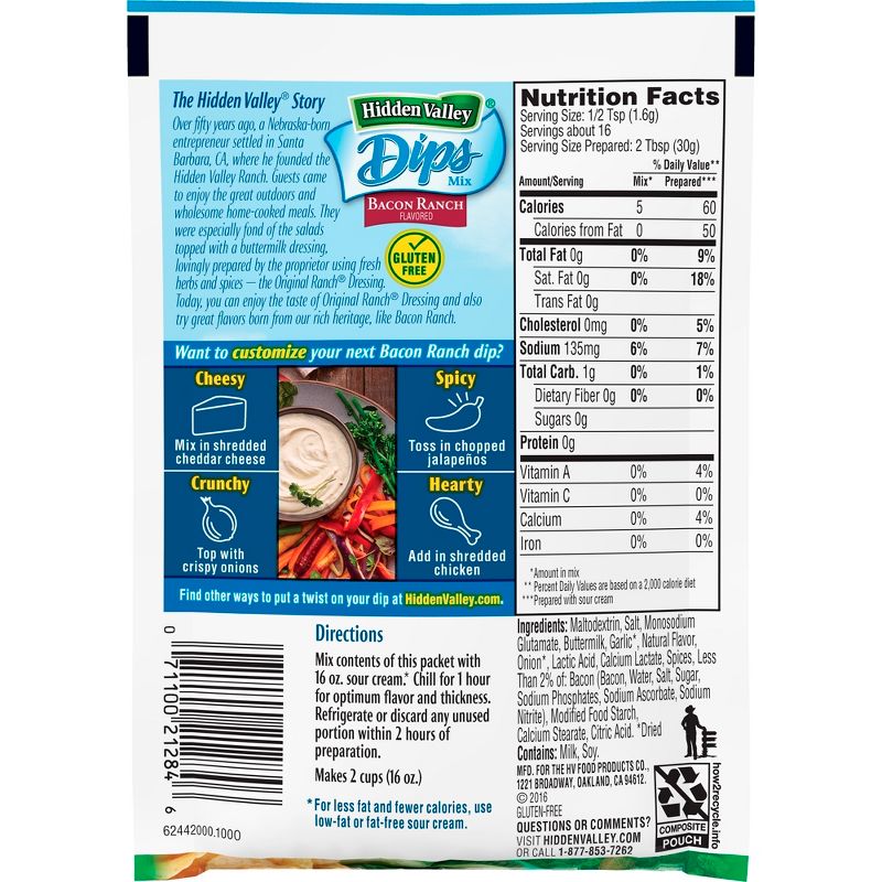 Hidden Valley Baconflavored Ranch Dips Mix - Gluten Free - Pouch