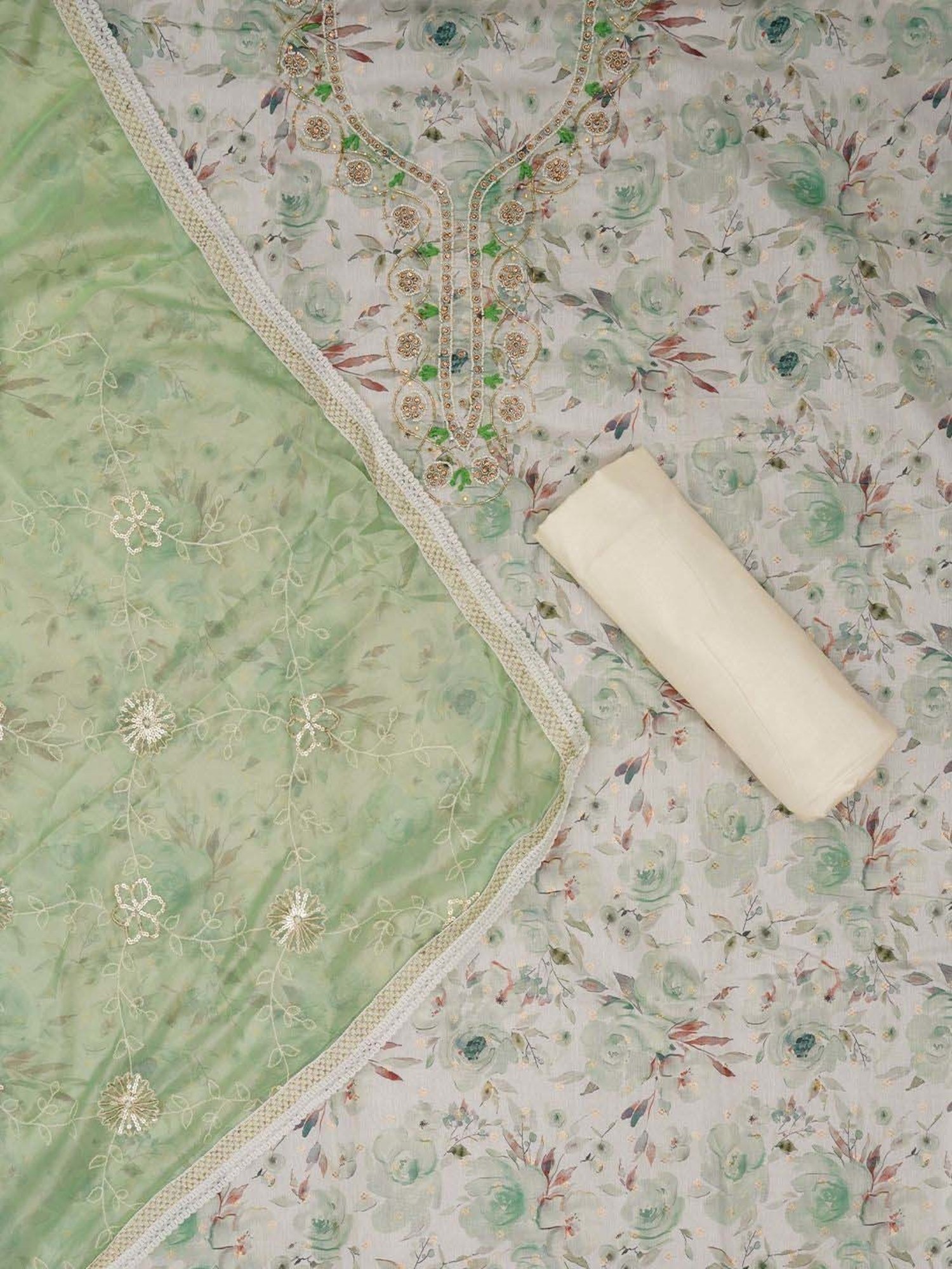 Jaipur Kurti White & Green Embellished Unstitched Dress Material