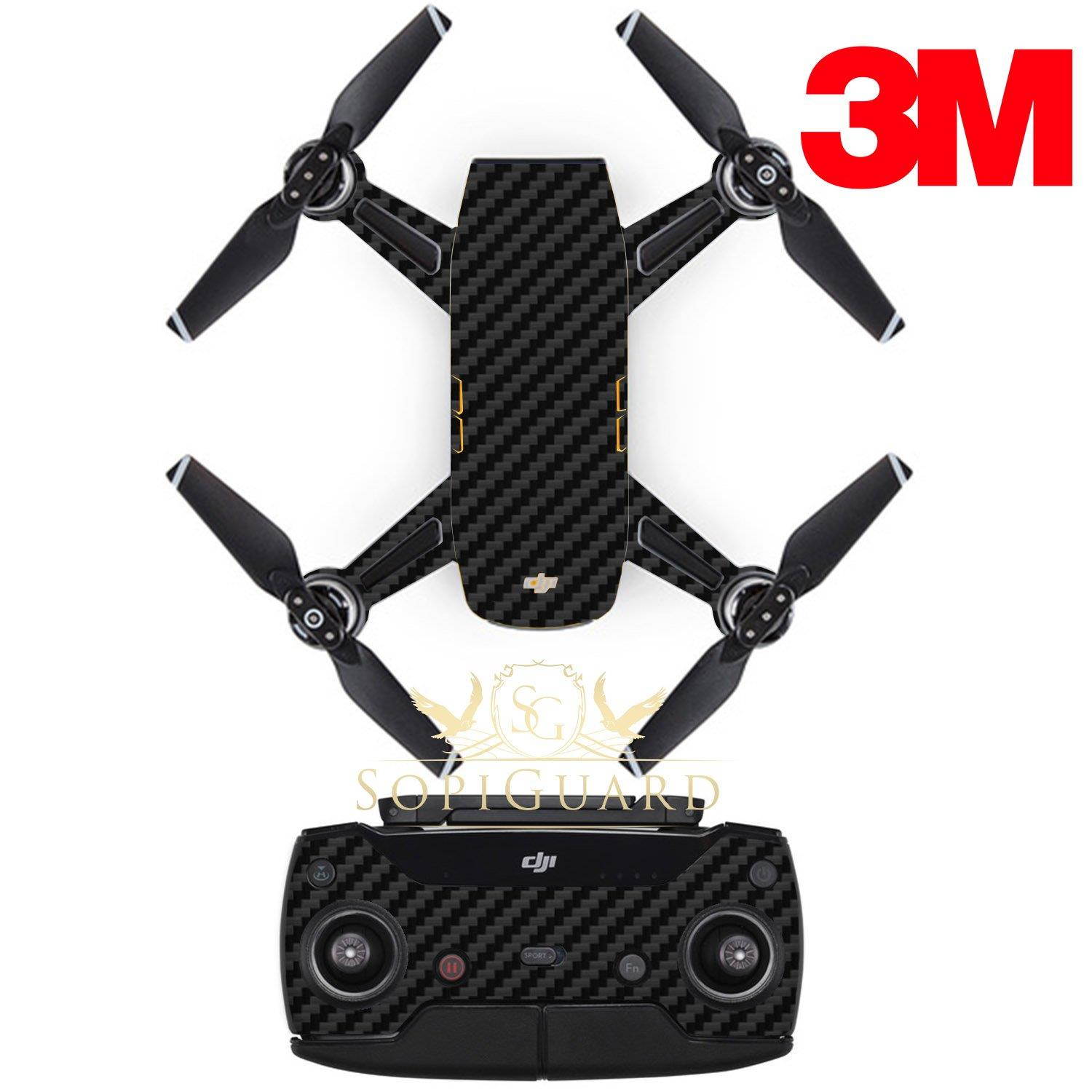 SopiGuard 3M Black Carbon Fiber Precision Edge-to-Edge Coverage Vinyl Sticker Skin Controller 3 x Battery Wraps for DJI Spark