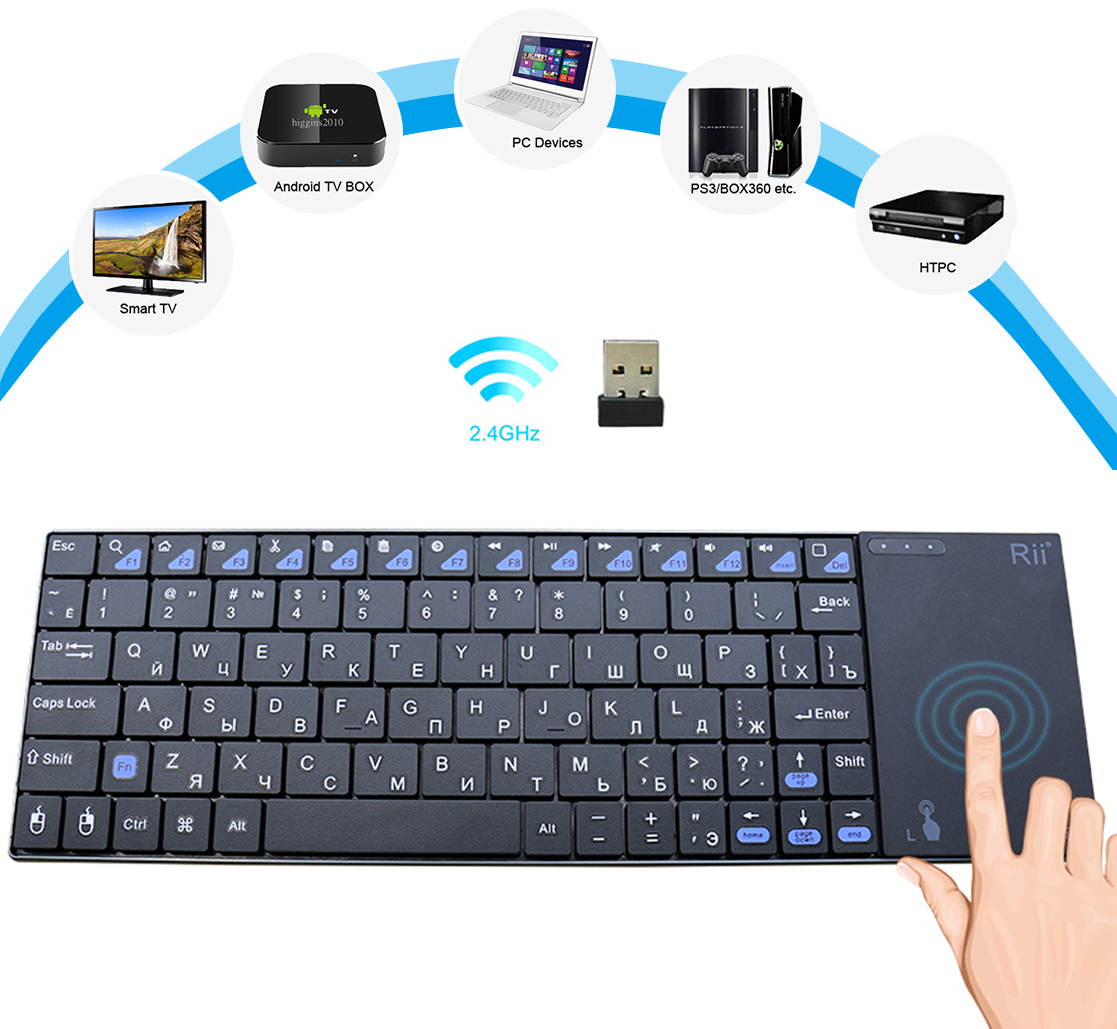Rii mini i12 Ultra Slim Wireless 2.4G Multifunction Keyboard with QWERTY Touchpad for Sony PS3 HTPC Android Smart TV Box PC Pad