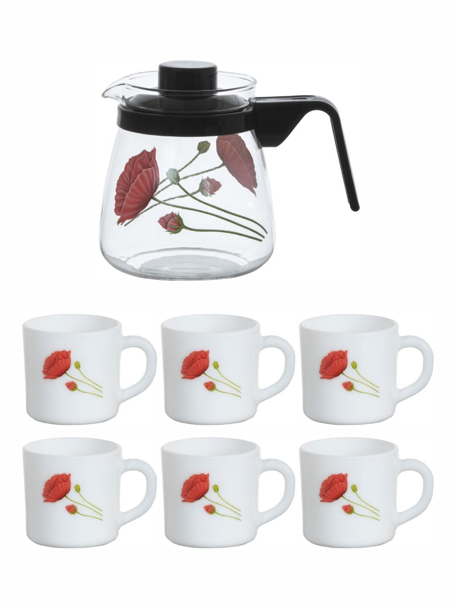 Cello Floral Multicolor Opalware Tea Set - Set of 6 Cups (180ml) & 1 Tea Pot (750ml)