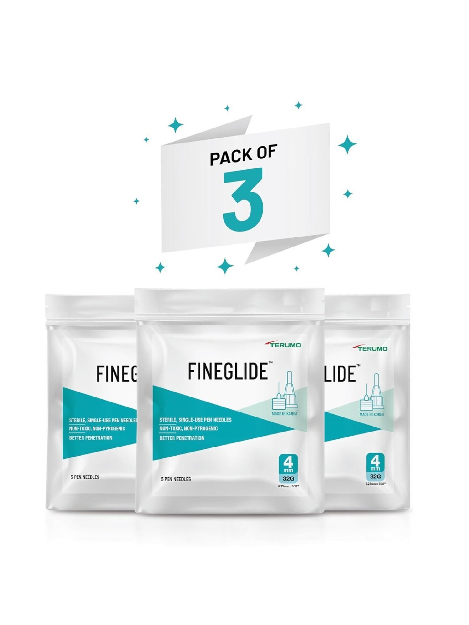 Terumo Fineglide Pen Needles 4mm & 32G, 15 Count Pack of 3 (Blue)