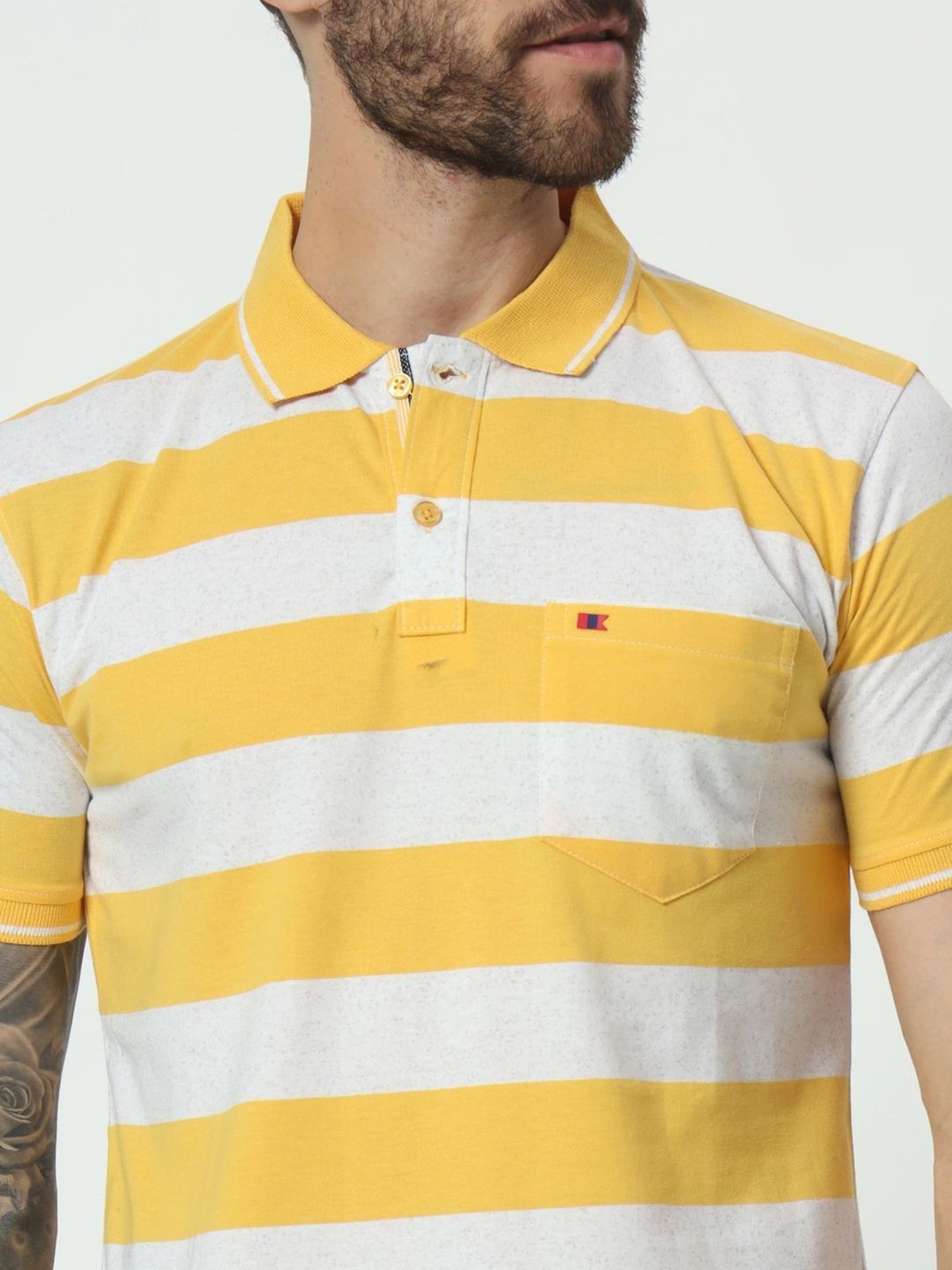 Tab91 Yellow Regular Fit Striped Polo T-Shirts